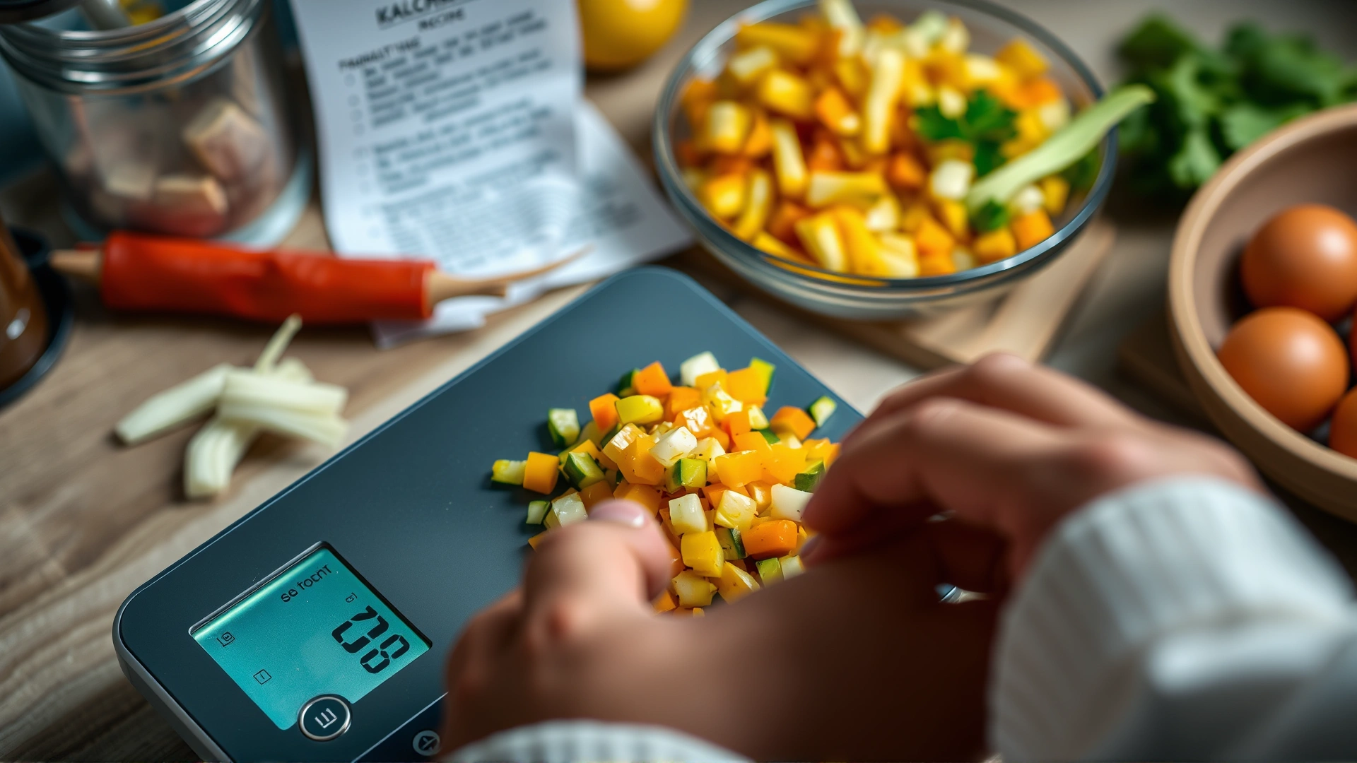 Close-up of hands weighing diced vegetables on a digital kitchen scale with recipe notes in the background