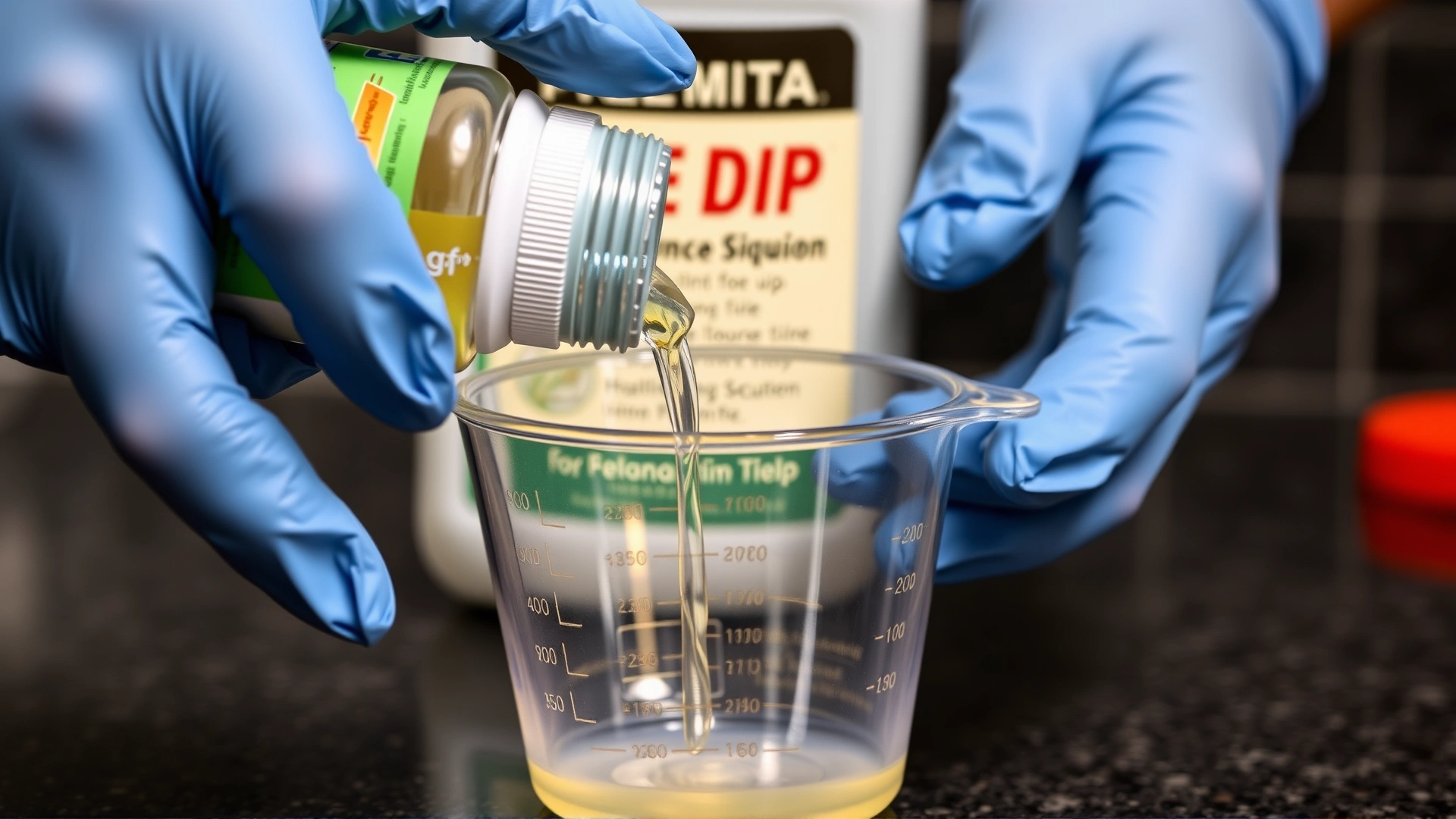 Human hands wearing gloves pouring measured flea-dip solution from a small bottle into a plastic measuring cup, close-up, countertop background, no text.