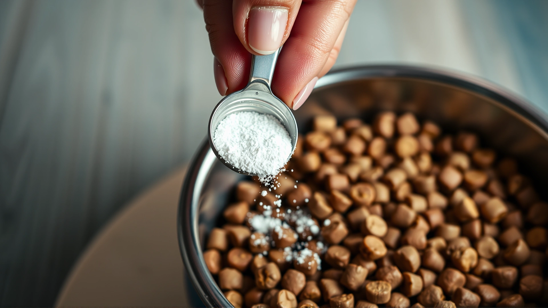 Close-up of a hand sprinkling probiotic powder from a measuring spoon onto a bowl of dry dog food