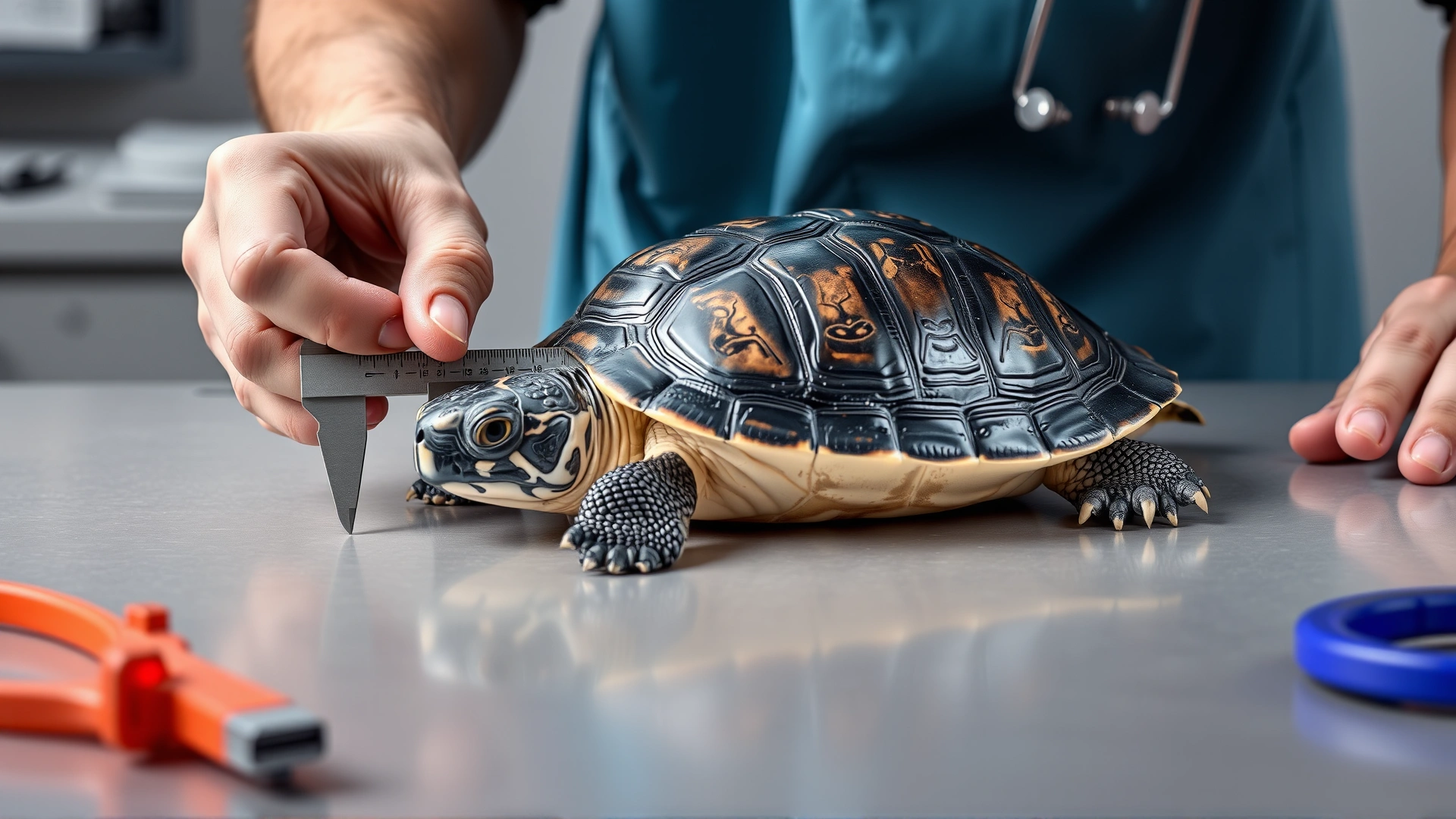 Veterinarian using calipers to measure the straight carapace length of a calm turtle on a table