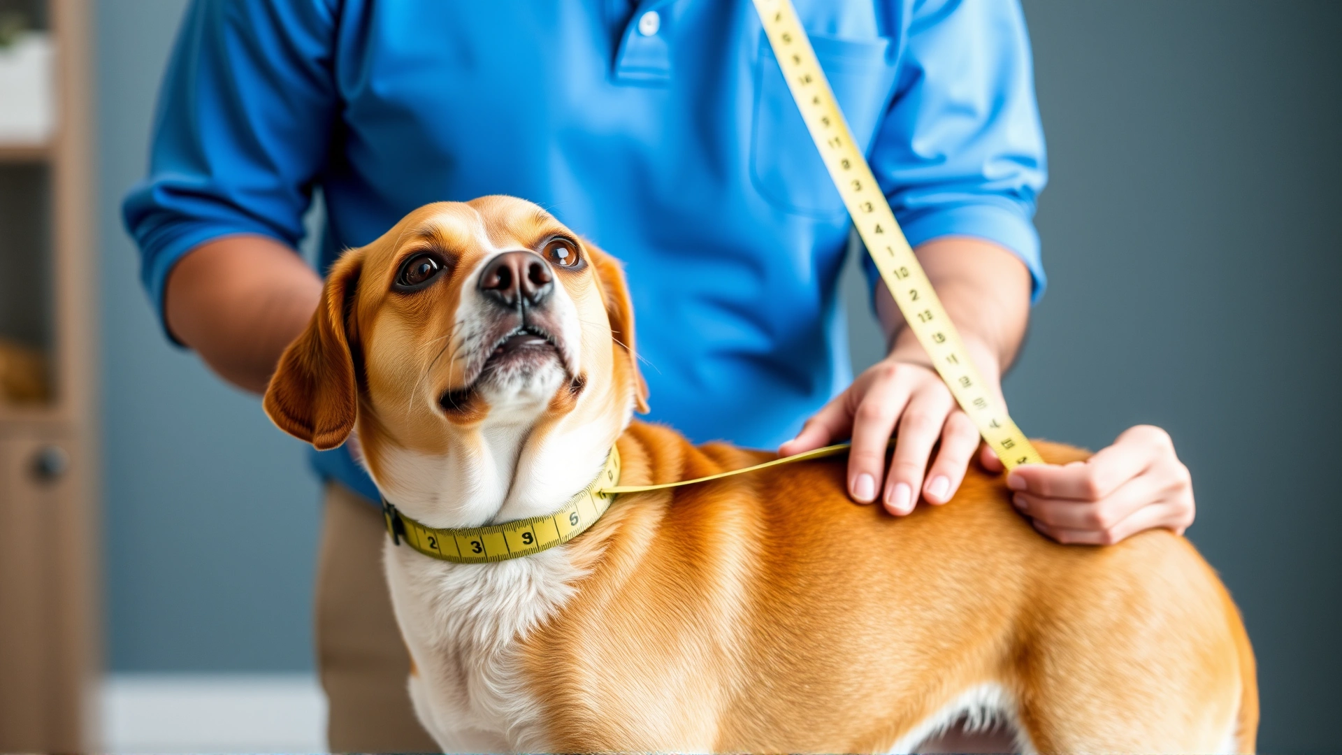 Owner using a flexible measuring tape around a dog's neck and chest to determine proper fit