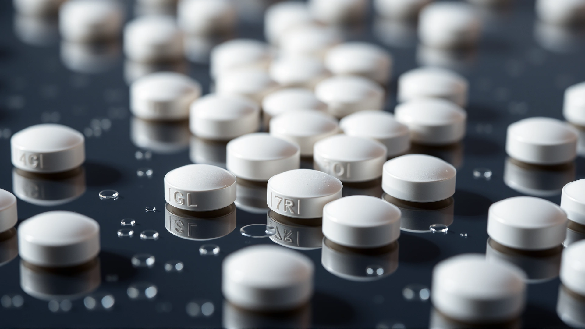 Macro shot of white furosemide tablets scattered on a reflective surface with small water droplets to suggest diuretic action, shallow depth of field
