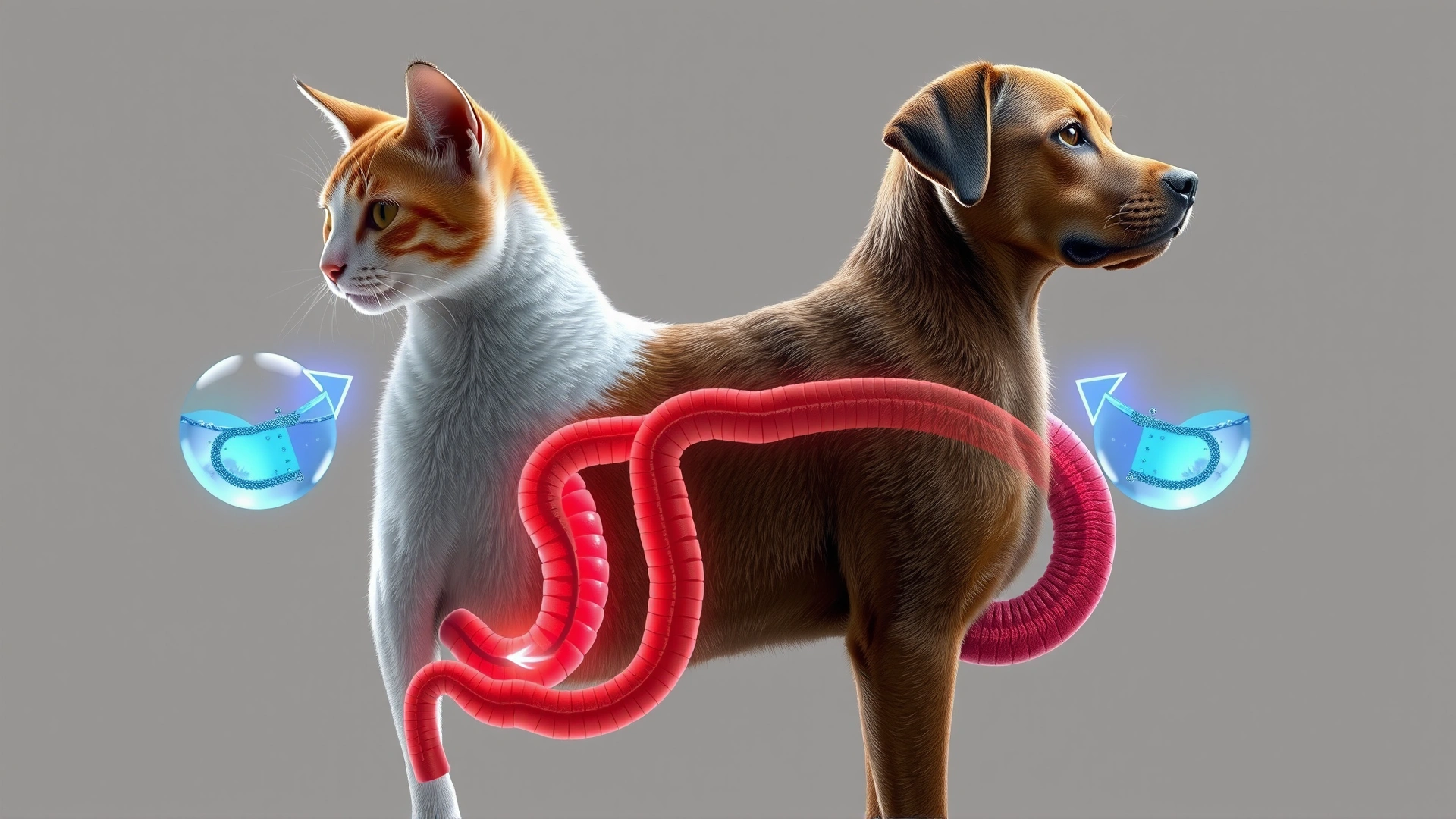 Conceptual image of a simplified digestive tract of a cat and dog side-by-side, glowing arrows indicating water being drawn into the colon (no text on image)