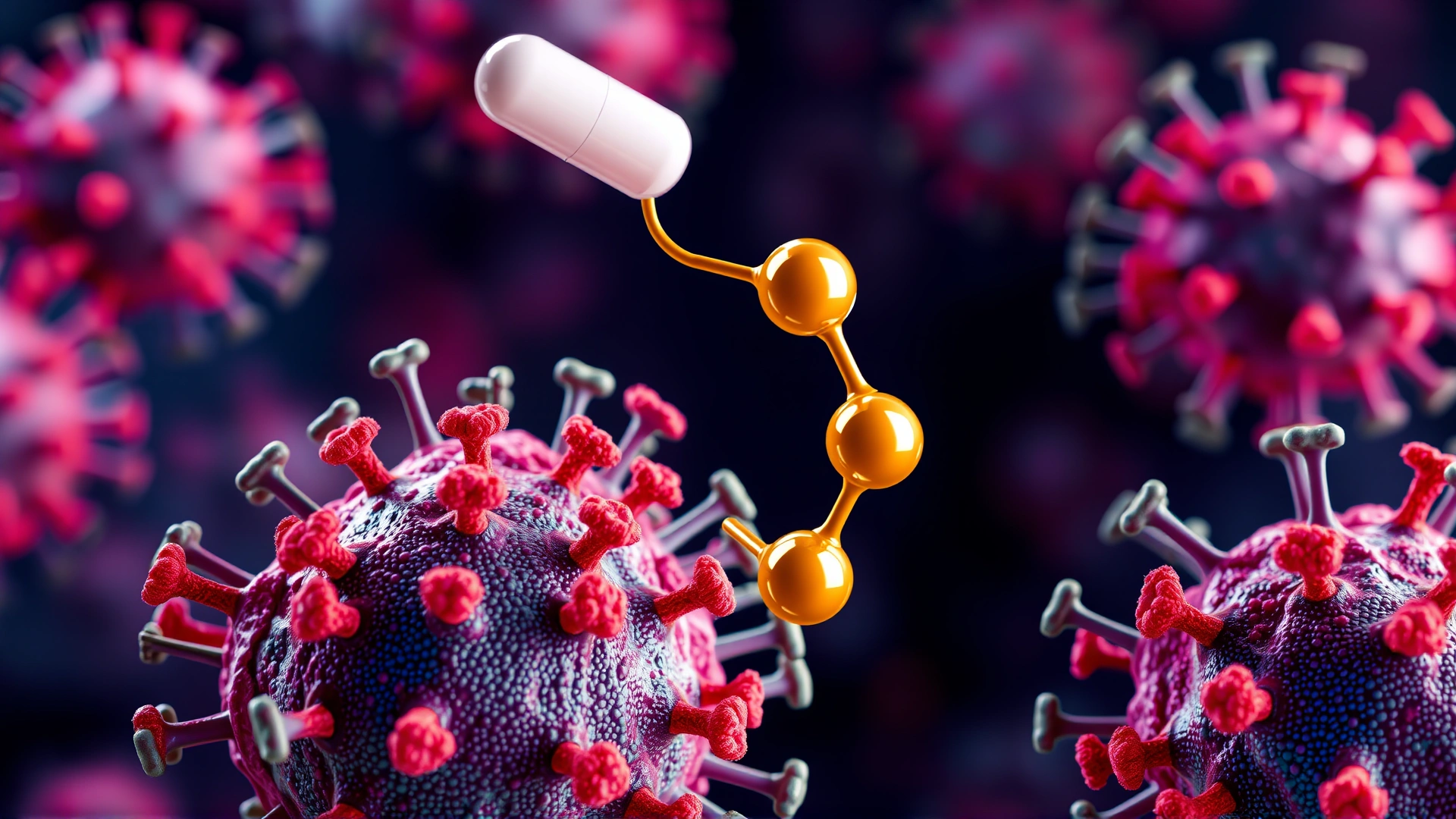 Conceptual close-up of colorful cells being inhibited by a stylized molecular structure symbolizing drug action, abstract medical background, no text