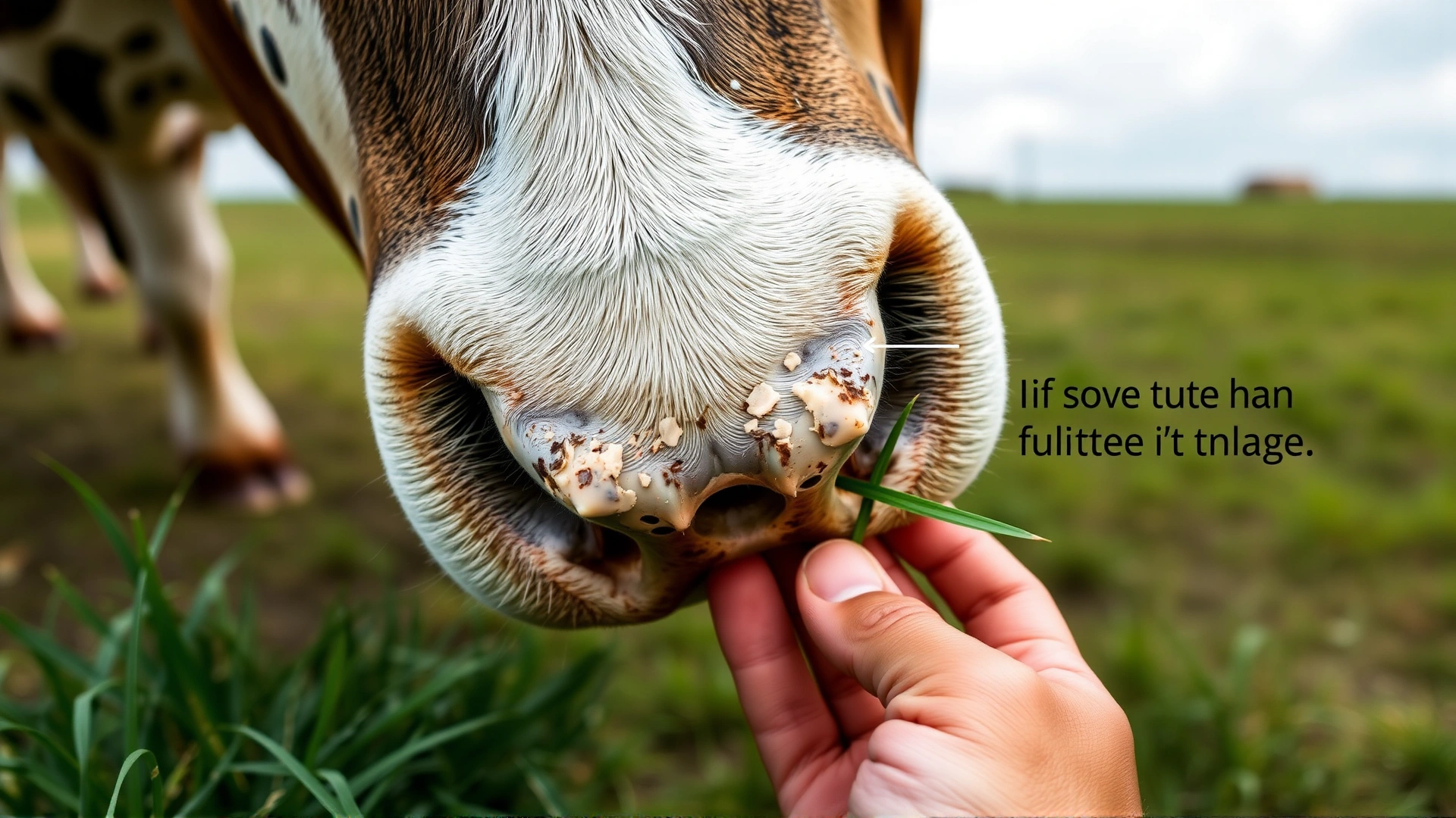 Overhead angle showing the bottom of a grazing muzzle with a single small hole, held next to a patch of green grass to illustrate how it limits intake