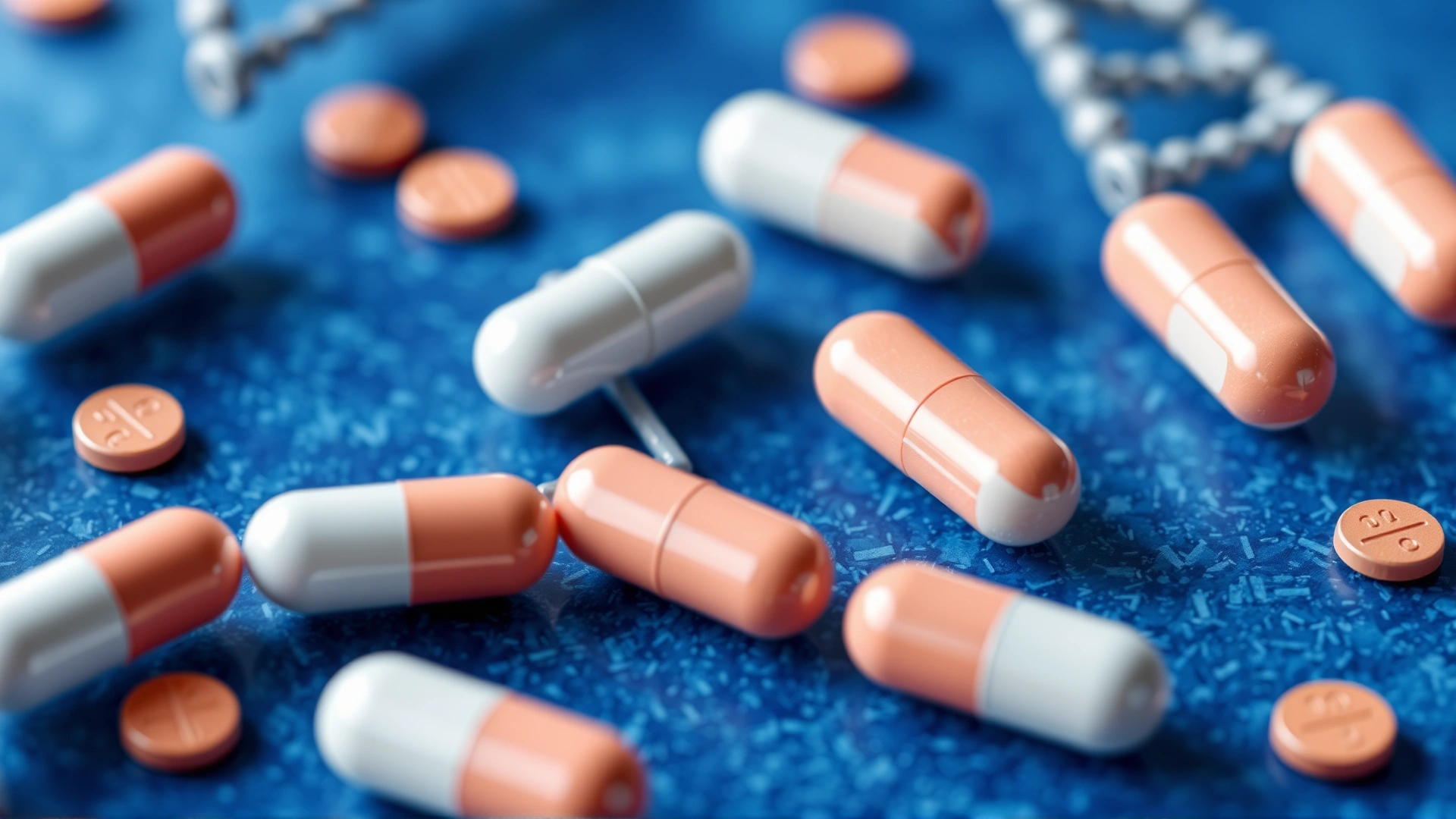 Macro shot of antibiotic pills overlaid on an abstract blue background resembling DNA strands, symbolizing how antibiotics work at the genetic level.