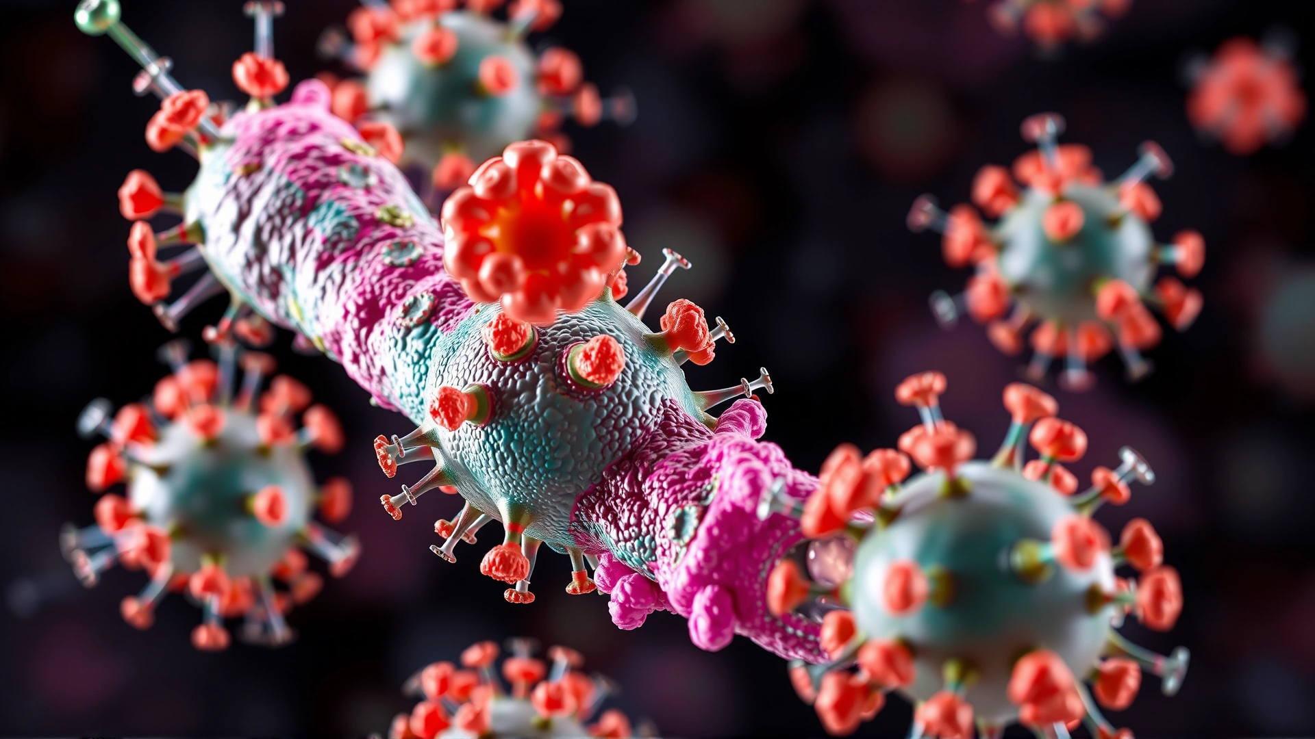 Close-up macro shot of colorful 3D render bacteria being attacked by antibiotic molecules symbolizing the mechanism of action of Neomycin