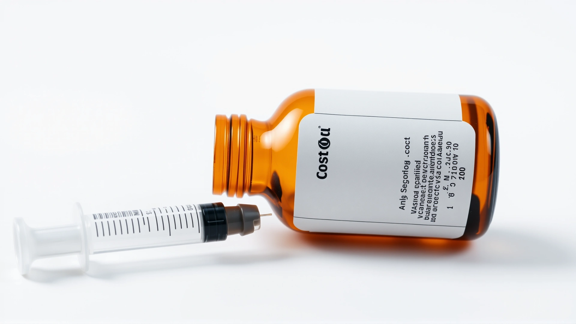 Studio shot of a small amber veterinary medication bottle with blank label, sealed cap, and syringe lying beside it on white background.