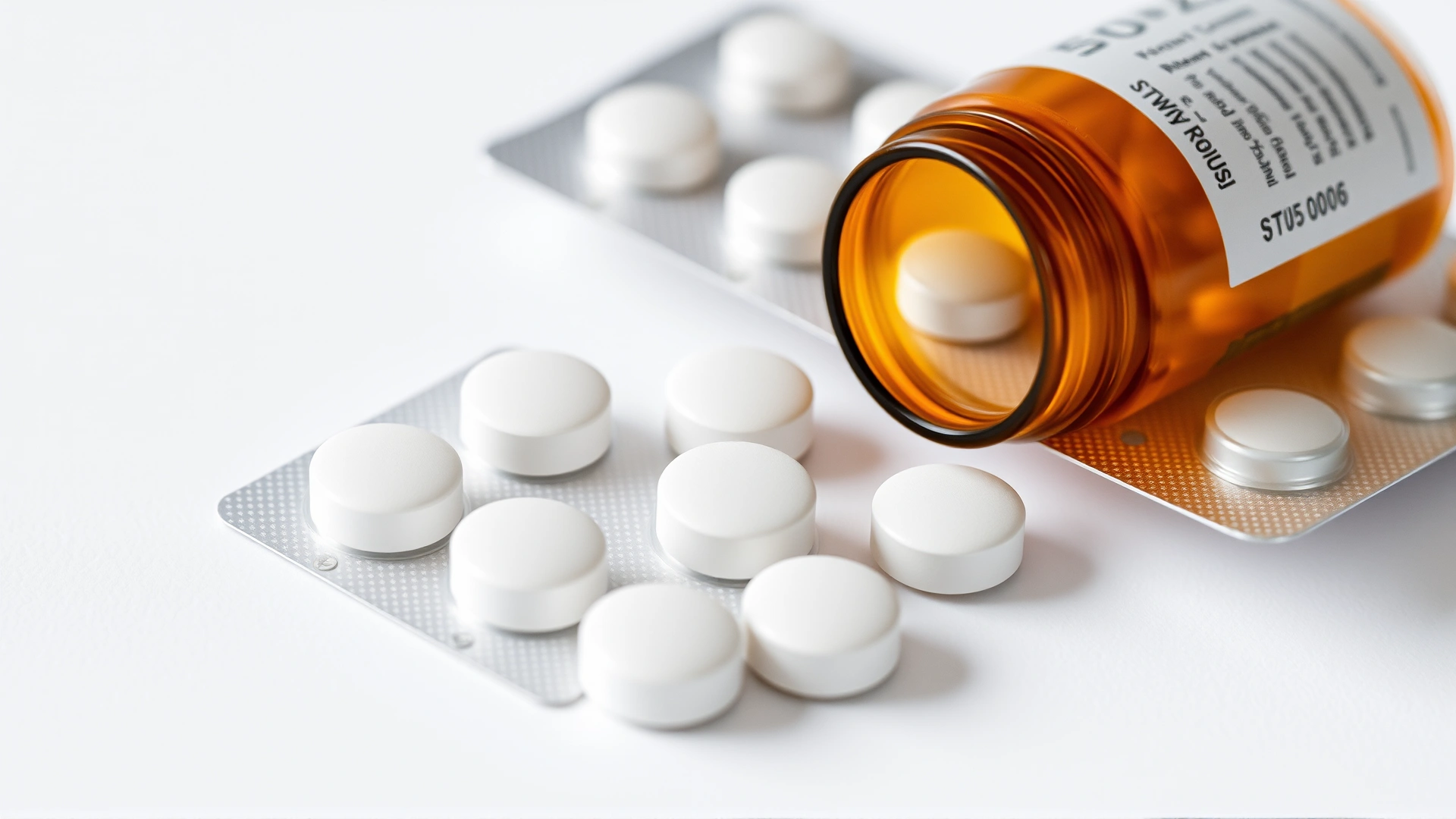 Close-up macro shot of blister pack and white round phenobarbital tablets next to a prescription vial on a plain white background