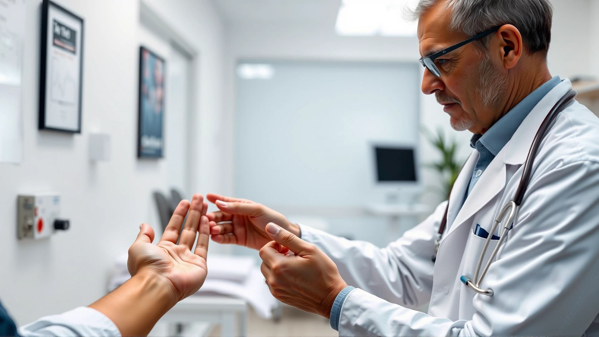 Doctor in white coat examining a patient’s hand with a small bite wound in a modern clinic setting.