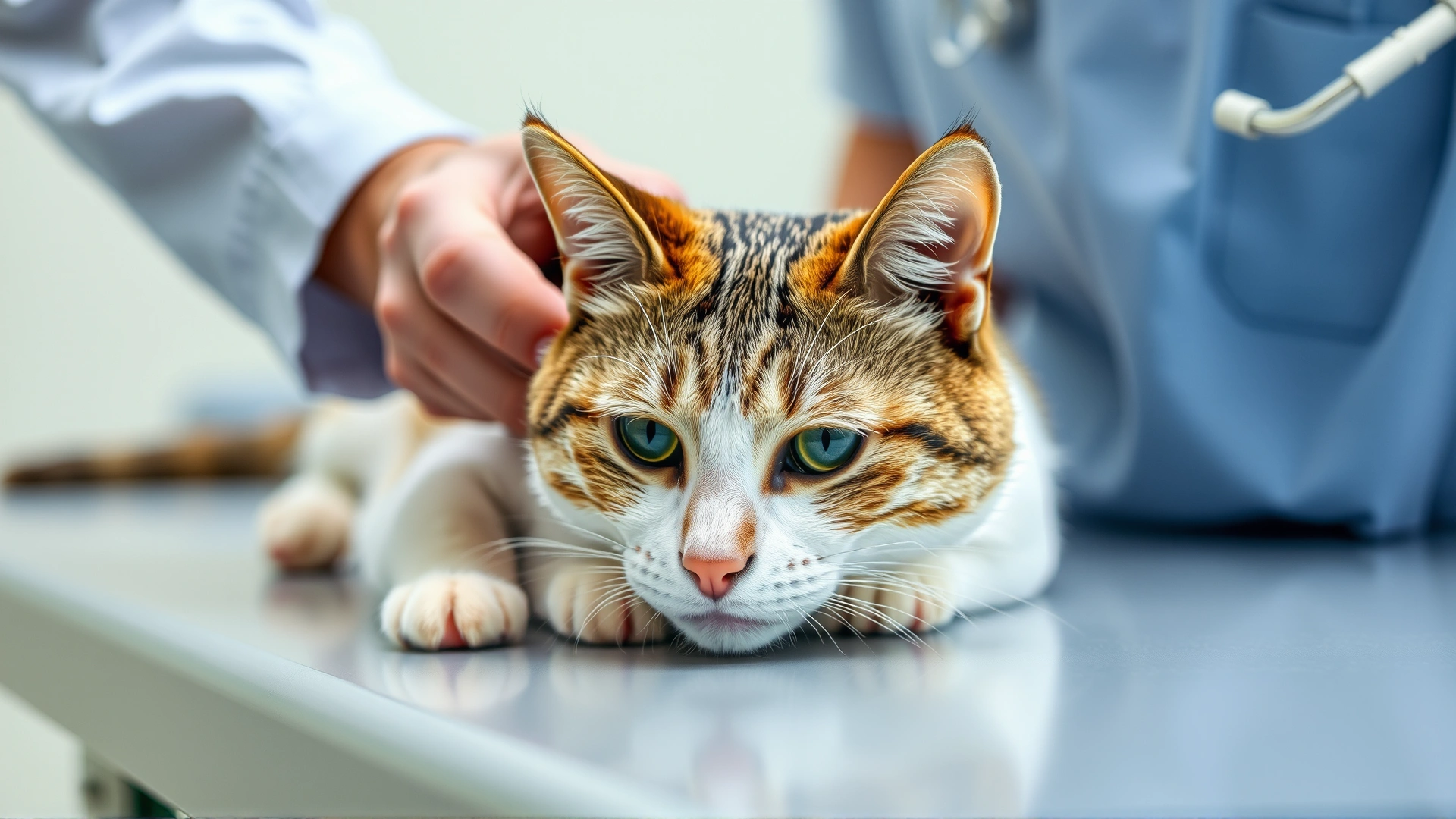 A veterinarian gently examining a calm cat lying on an exam table, focus on the cat's eyes showing slight discomfort.