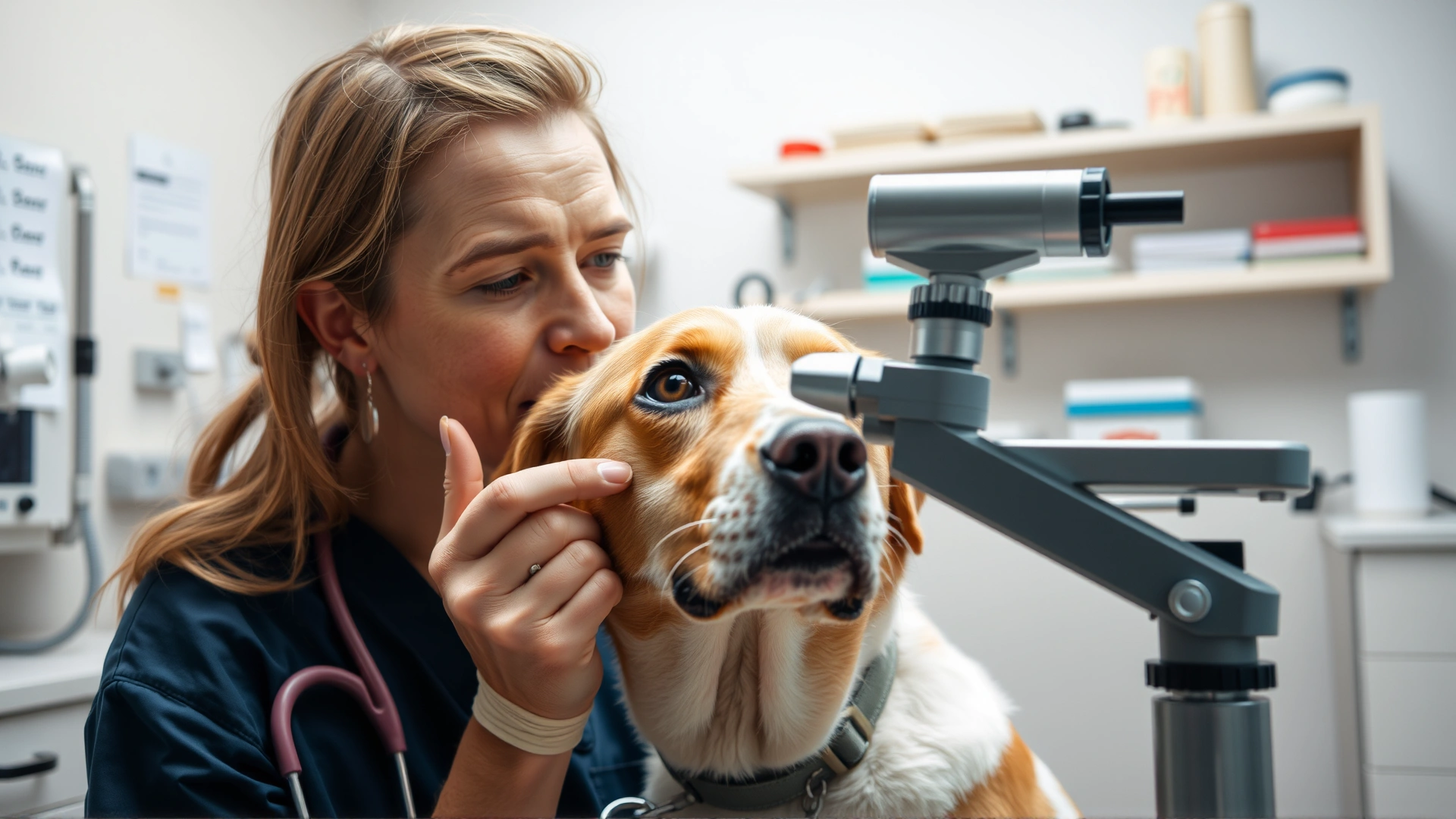 Veterinarian examining a dog’s eyes in a clinic setting