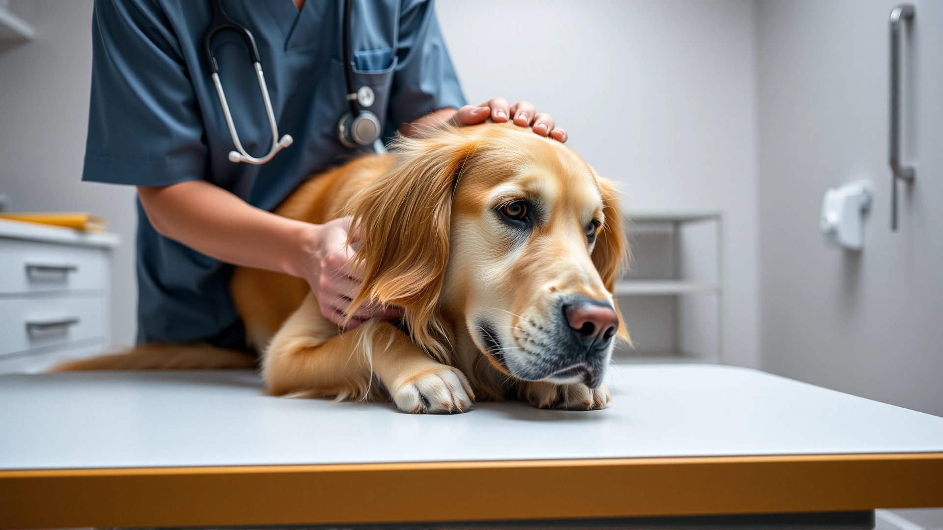 Veterinarian in a modern clinic gently examining a calm female Golden Retriever on an exam table, stethoscope visible