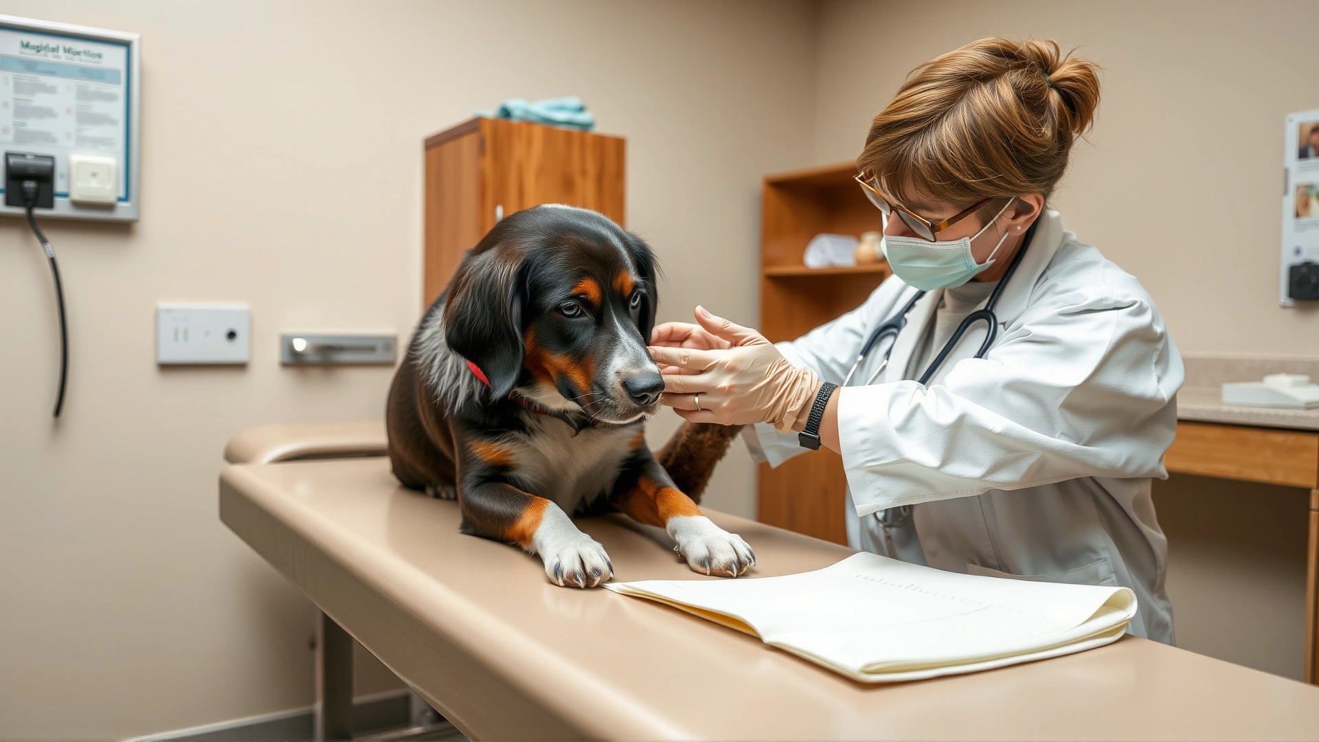 A veterinarian gently examining a dog's paws on a consultation table in a well-lit clinic, no text