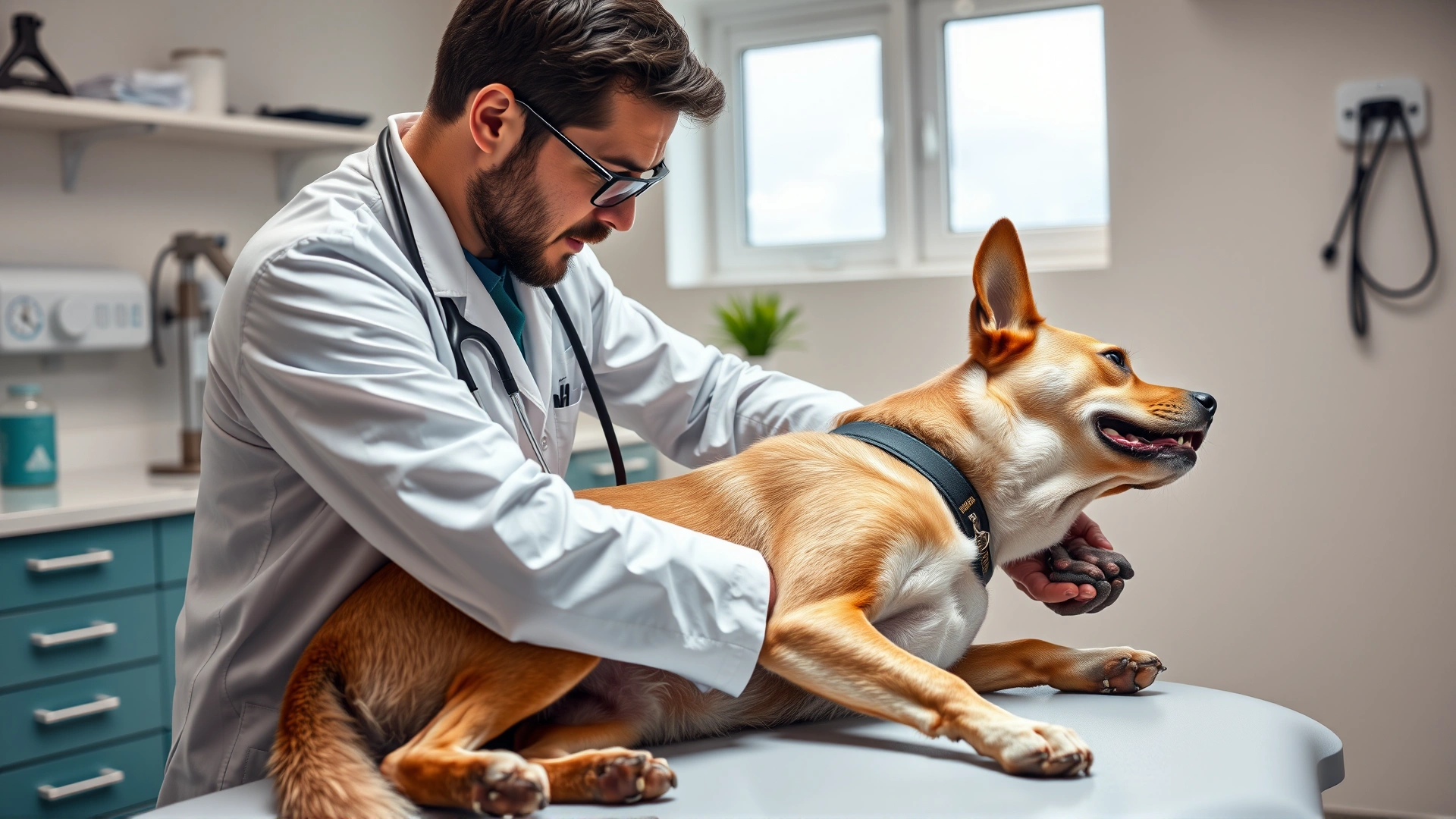 Veterinarian gently palpating a dog's abdomen on an exam table in a bright clinic