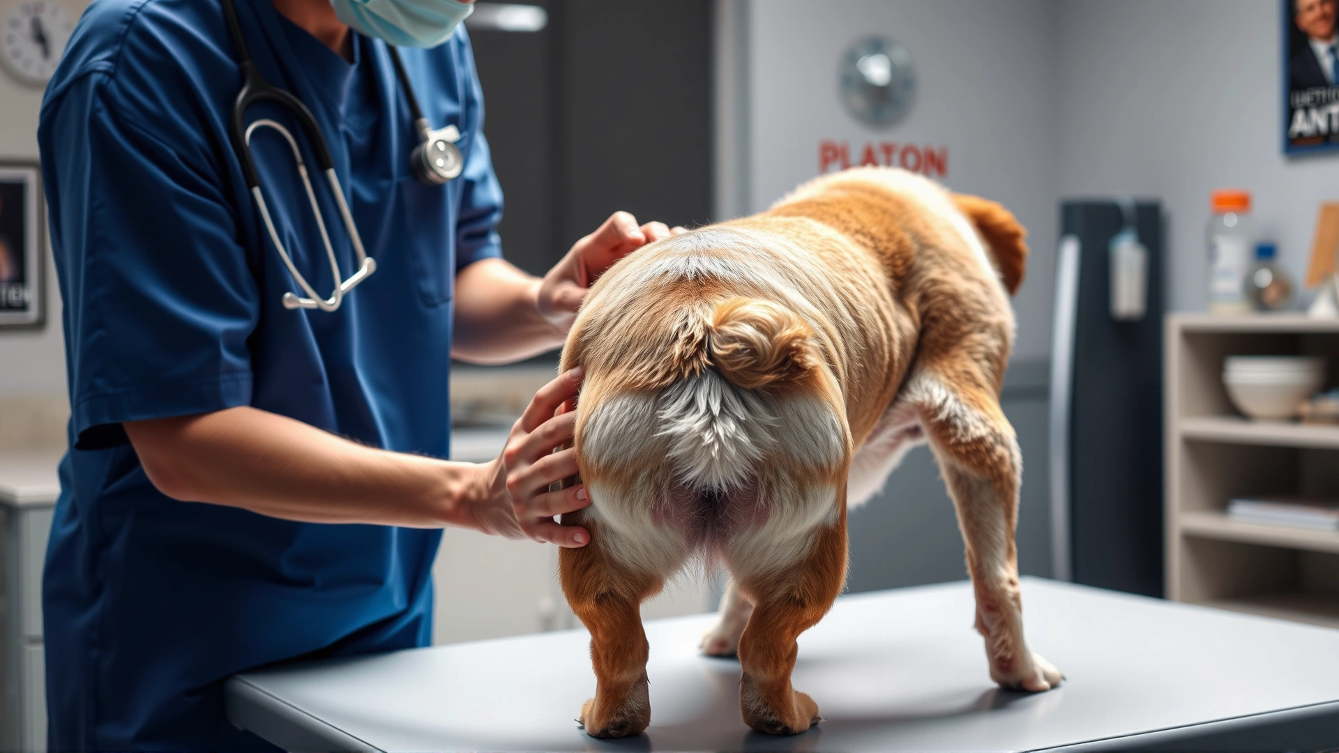 Veterinarian gently examining a dog's tail and hindquarters on an examination table in a well-lit clinic, professional and caring atmosphere