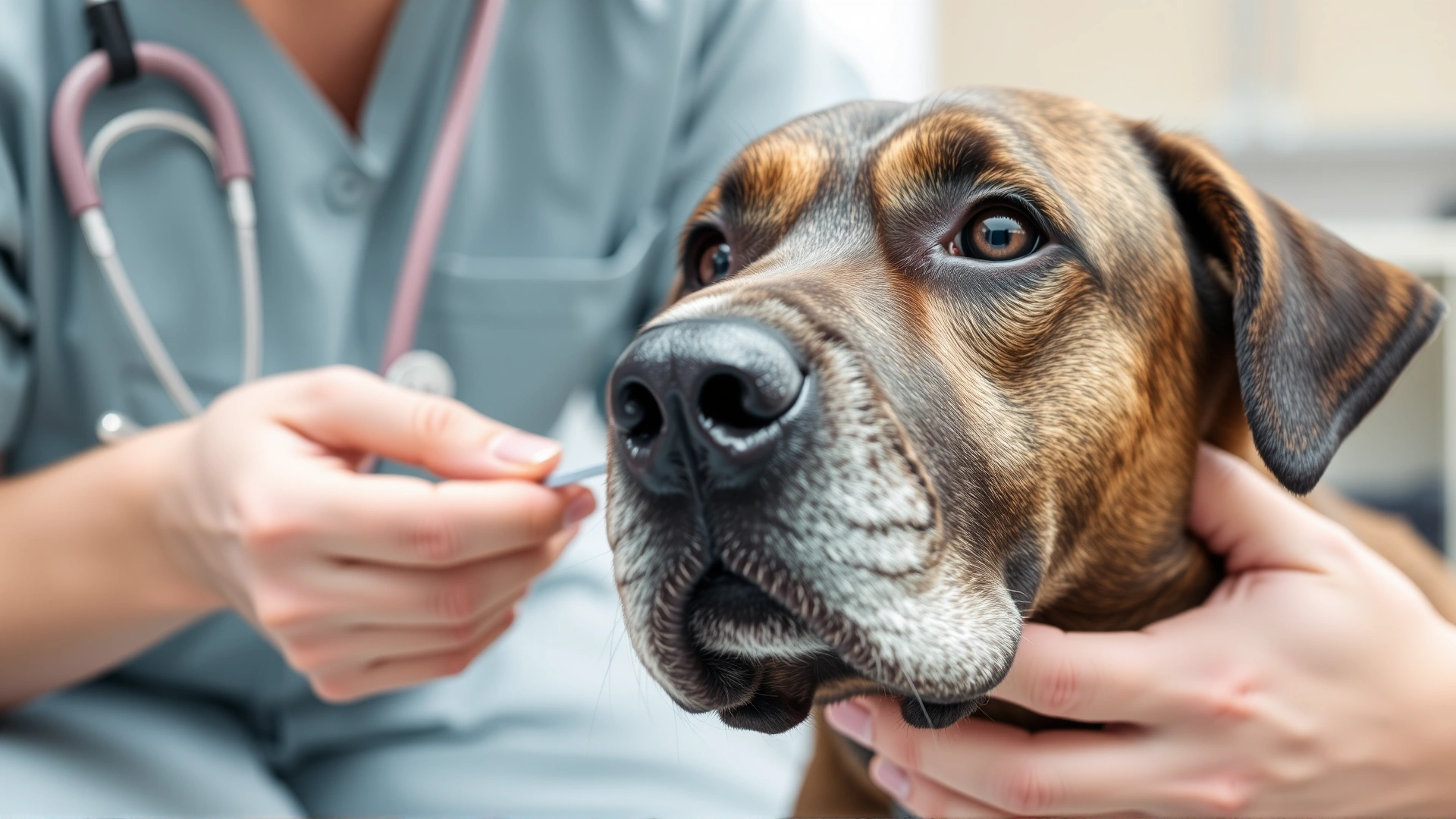 Senior dog with gray muzzle being gently examined by a veterinarian, conveying a medical exemption scenario.