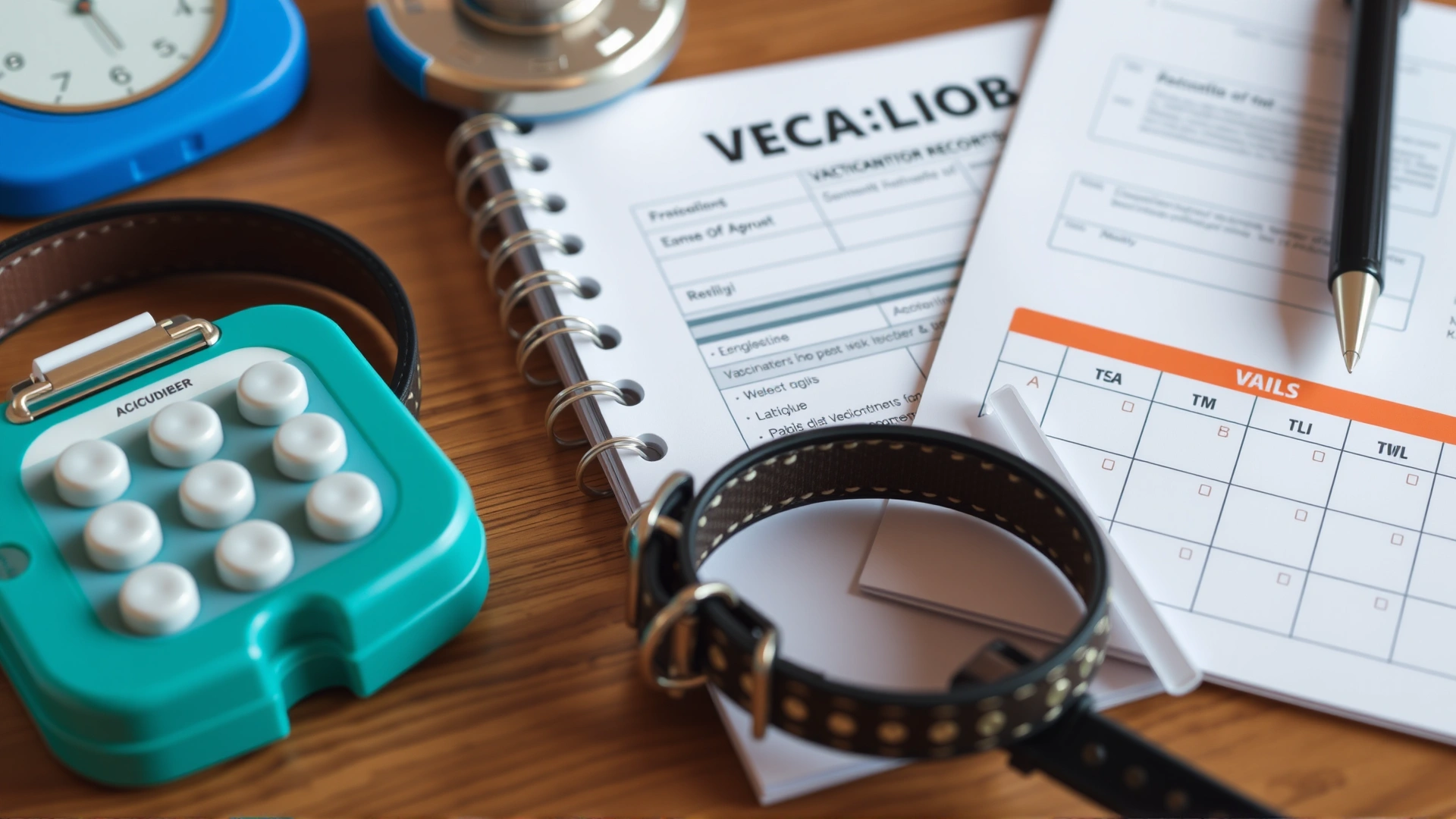 Desk view of veterinary records, vaccination booklet, and a weekly pill organizer beside a dog collar.