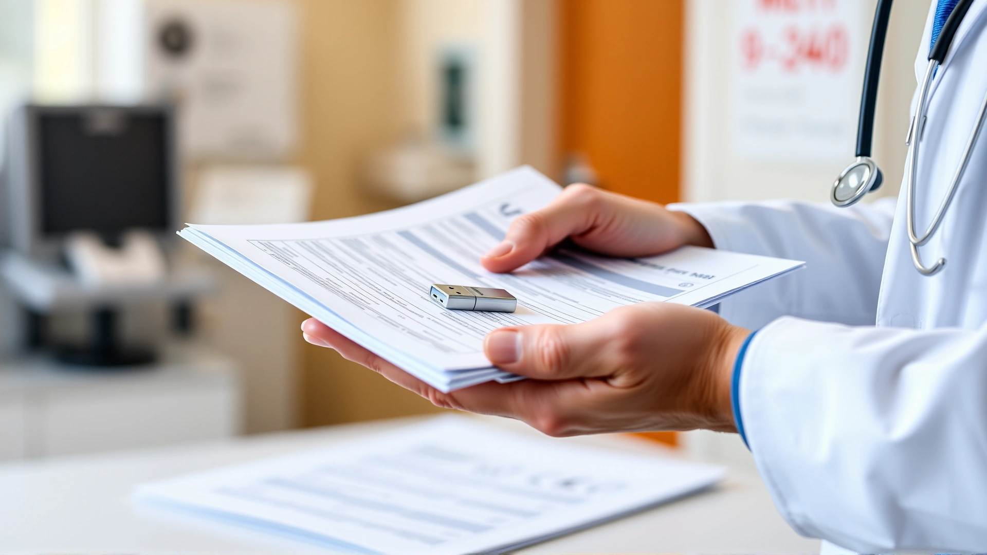 Close-up of a veterinarian's hands handing printed medical records and a USB drive to a pet owner, focus on documents, blurred background of clinic.