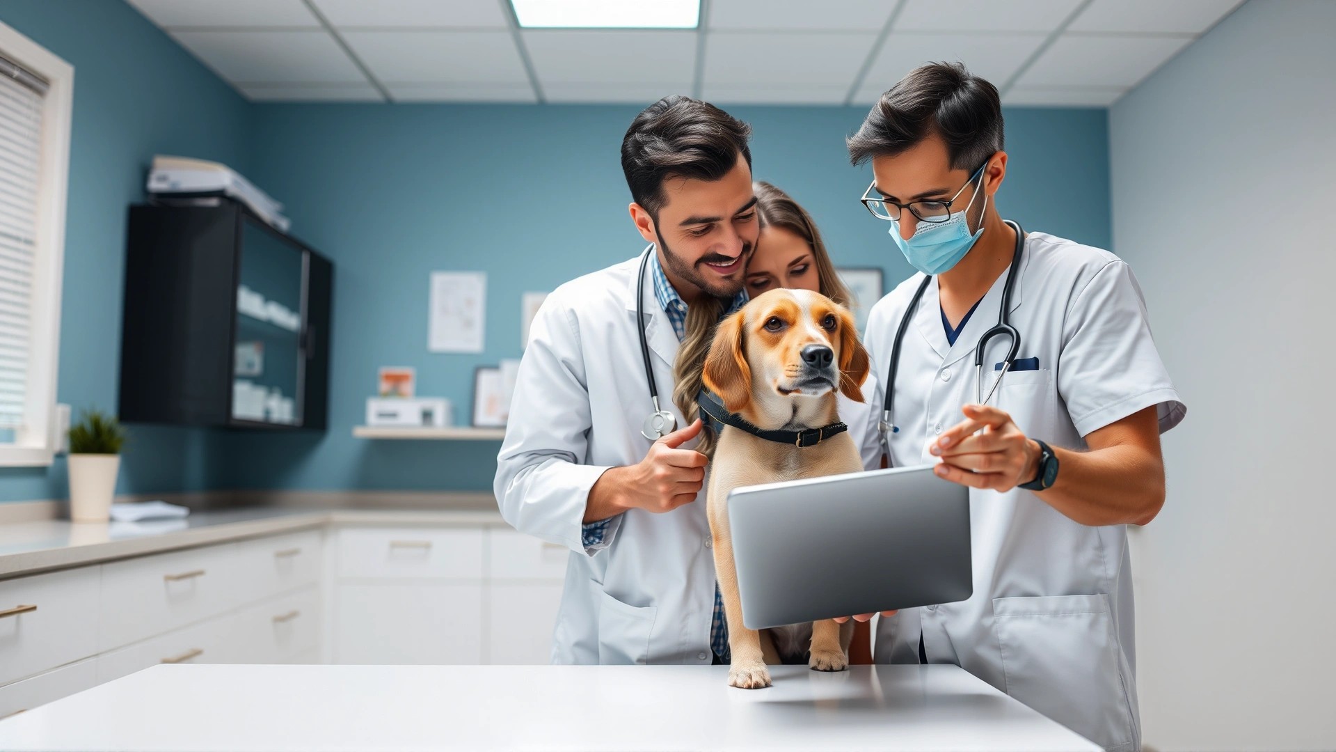 Veterinarian and pet owner reviewing digital medical records on a tablet inside exam room