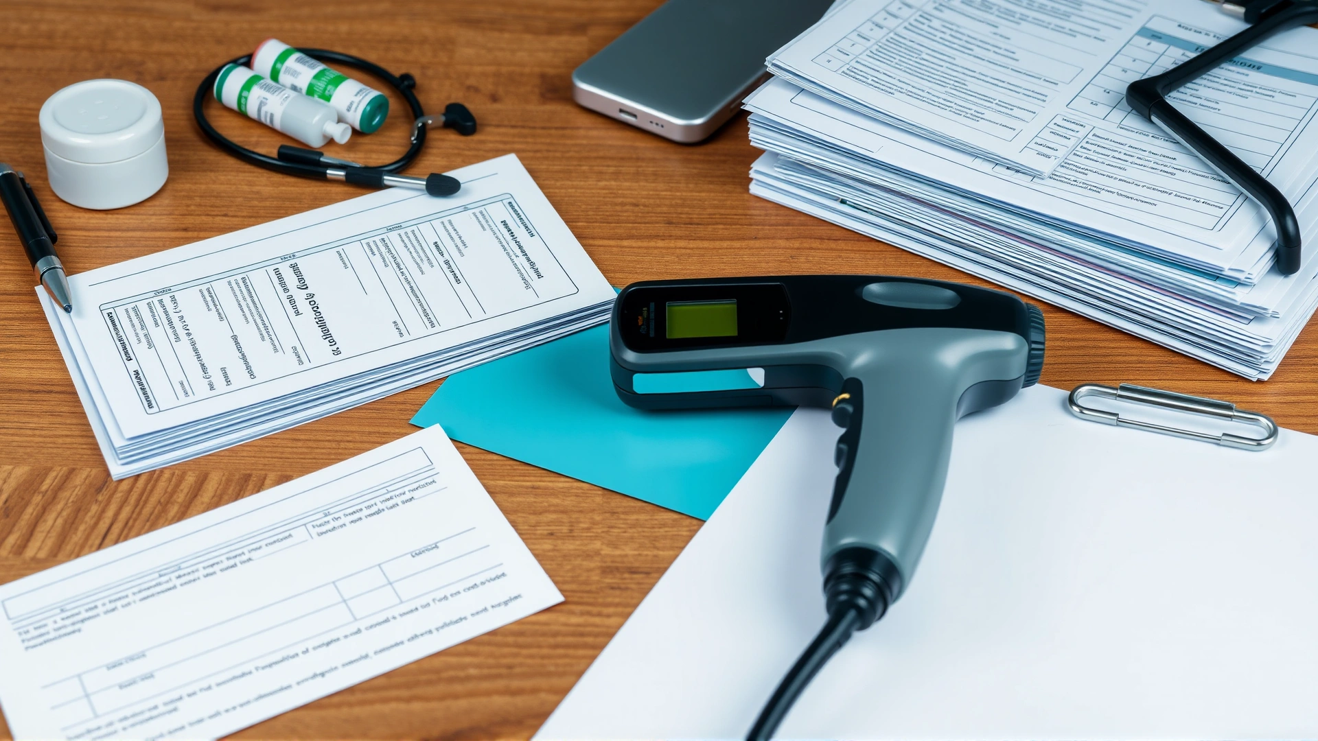 Flat-lay of organized veterinary documents, vaccination records, and a microchip scanner on a wooden desk