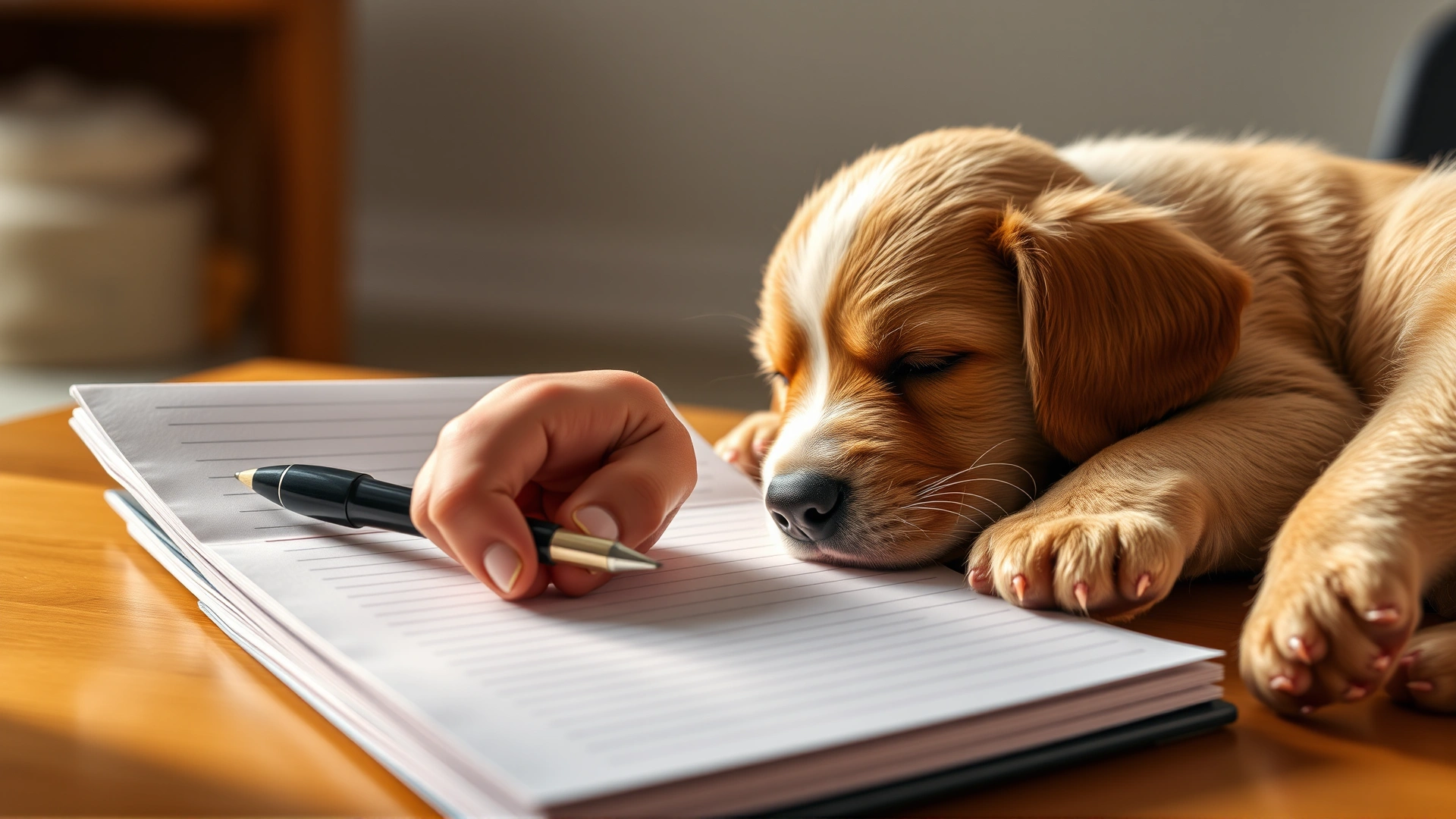 Close-up of a hand writing notes in a pet health record booklet next to a sleeping puppy, warm home setting, no text.