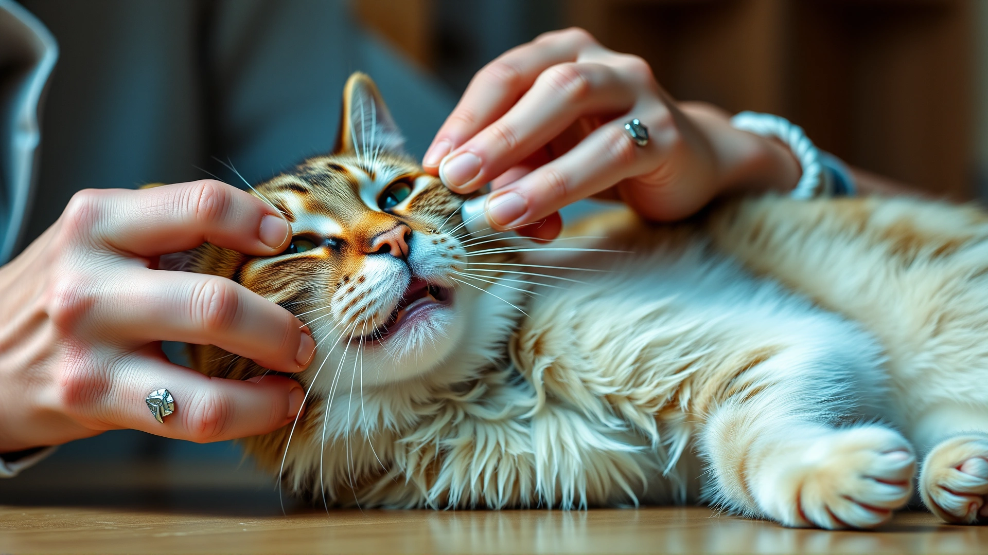 Owner administering oral medication to a calm cat using a pill popper, with focus on hands, pill device, and cat’s mouth—indoor setting.