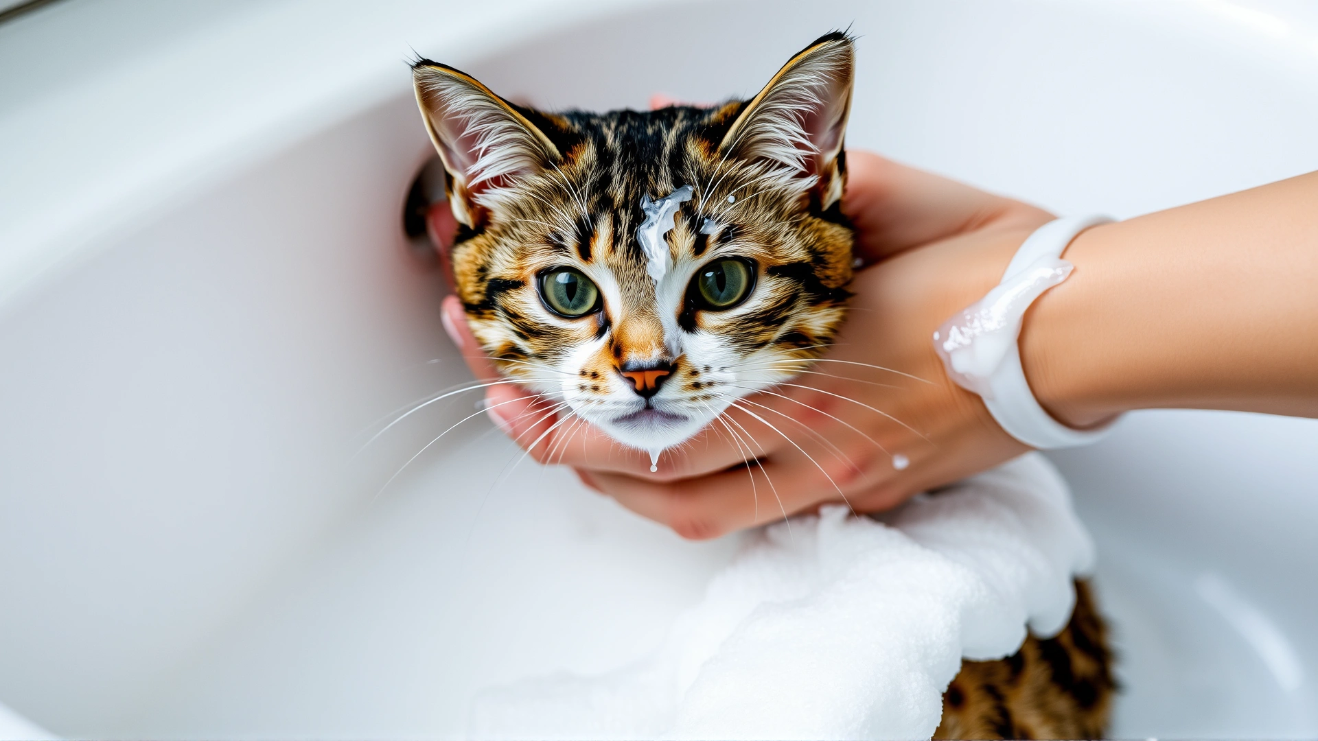 Cat being gently bathed in a sink with foamy medicated shampoo, owner’s hands holding the cat securely