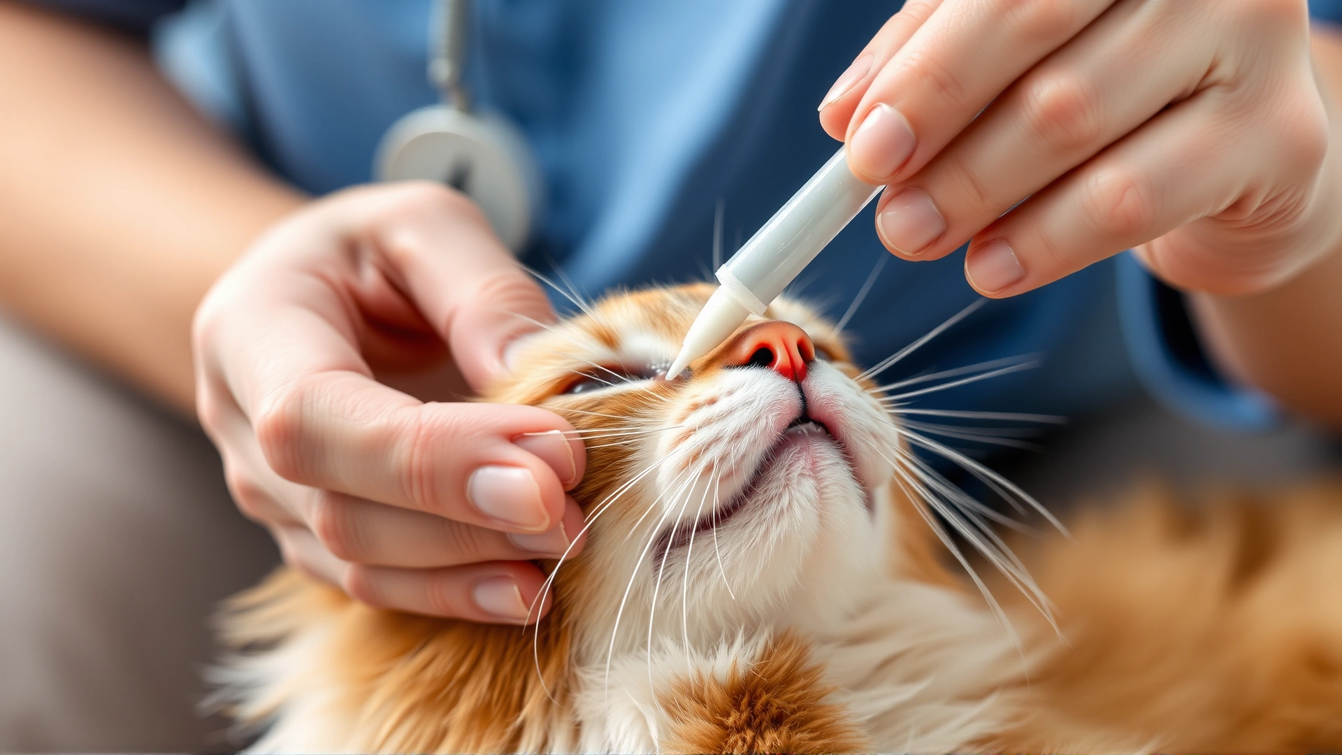 Pet owner applying a topical ointment to a cat's claw area with a cotton swab, close-up view.