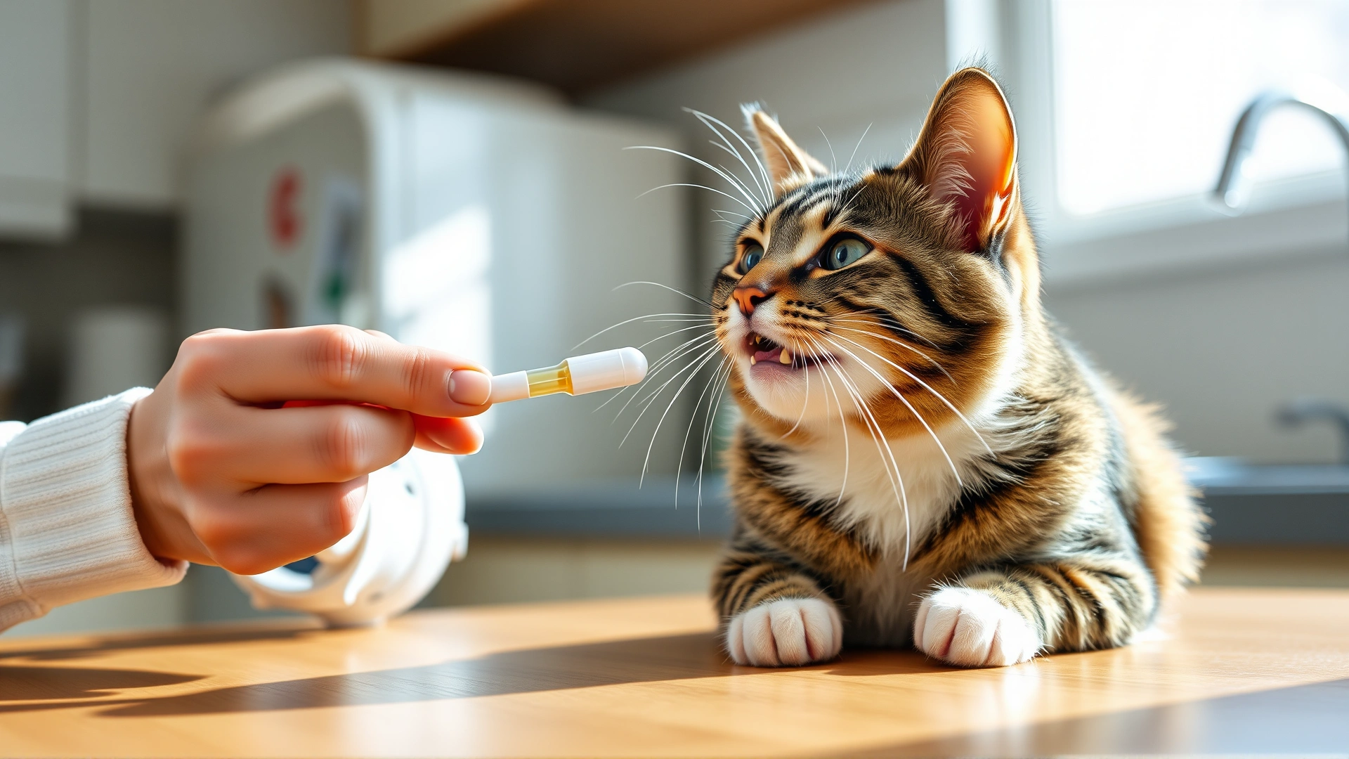 Cat owner giving an oral tablet to a cooperative tabby cat on a kitchen counter, bright natural lighting, high resolution