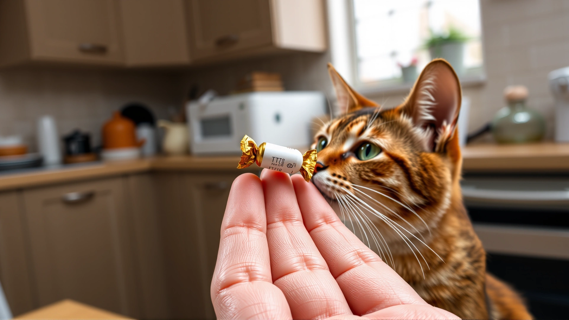 Human hand offering a small pill wrapped in a treat to a domestic cat in a home kitchen setting.