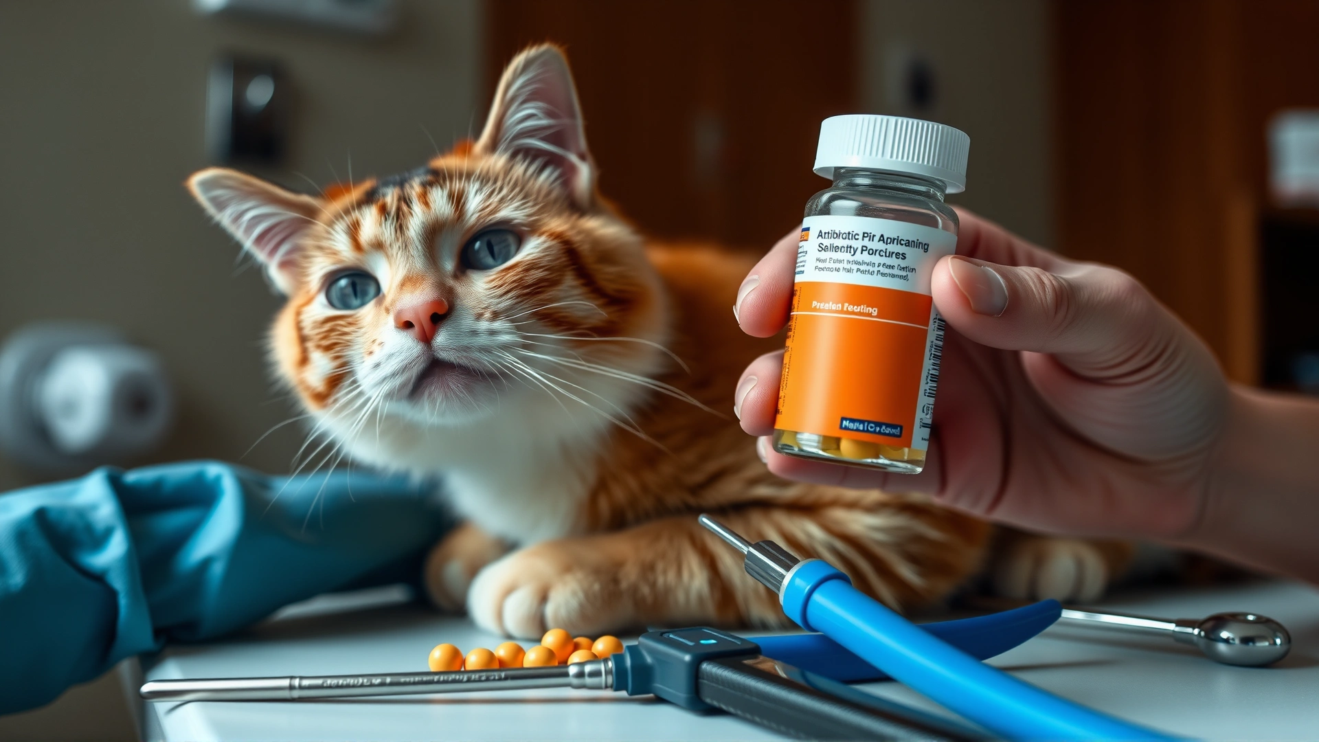 Close-up of a hand holding an antibiotic pill bottle next to a calm cat on an examination table with veterinary instruments nearby.