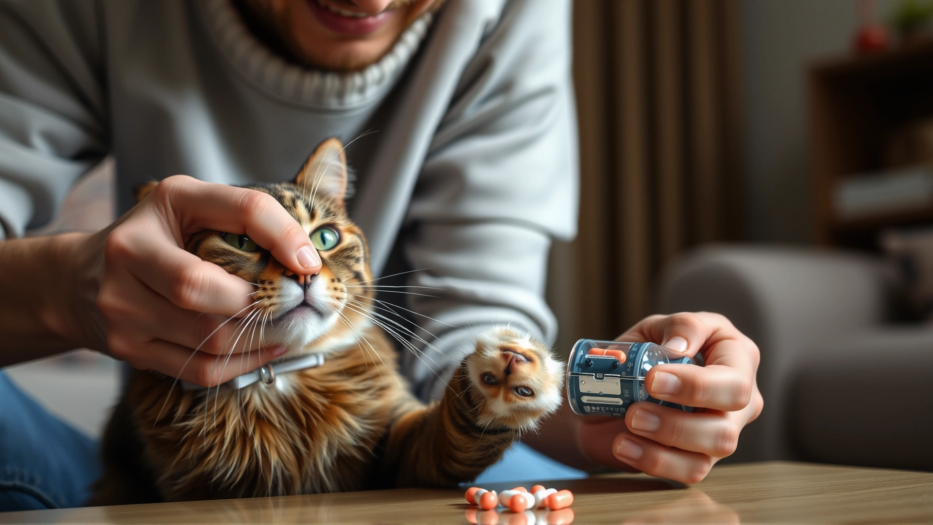 Cat owner giving a small pill to their cat using a pill popper at home, cozy living room environment.