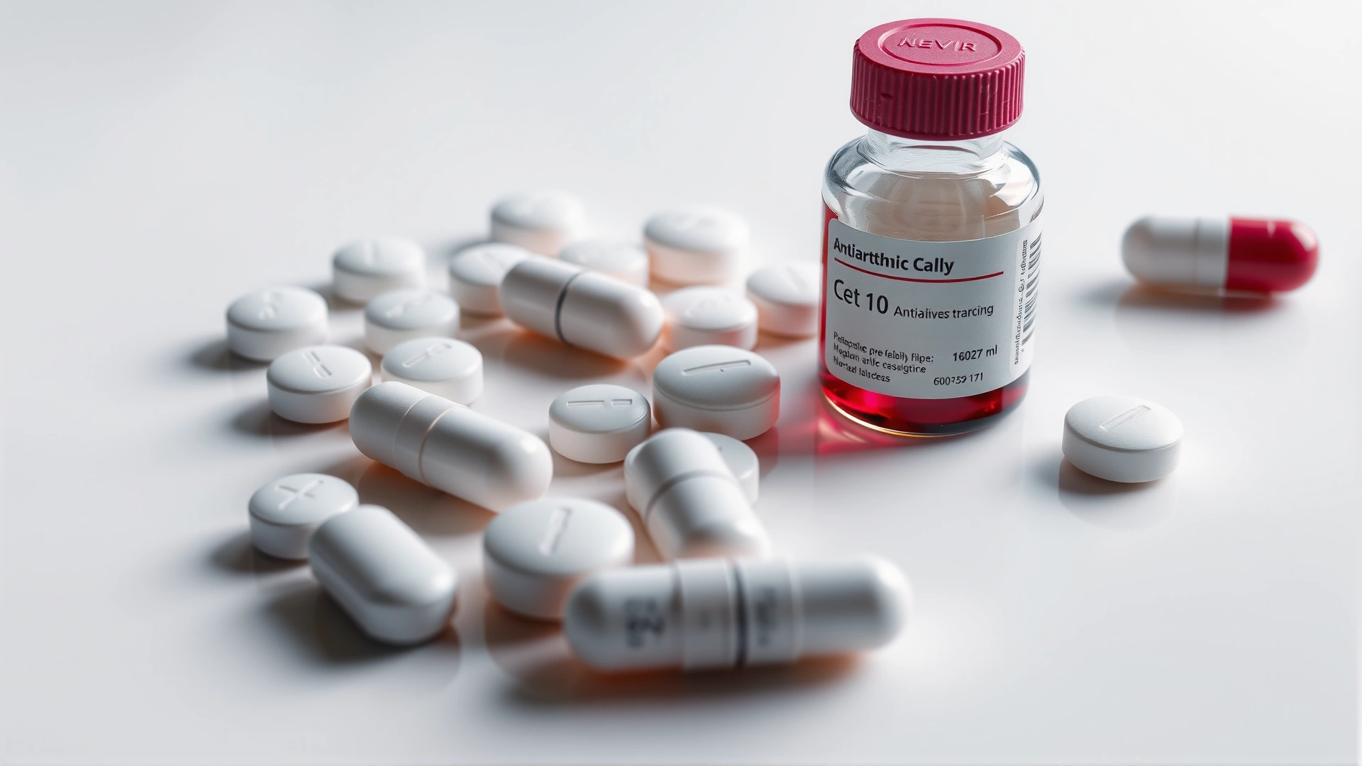 Still-life shot of assorted antiarrhythmic pills and a small liquid medication bottle arranged neatly on a clean white surface, soft lighting.