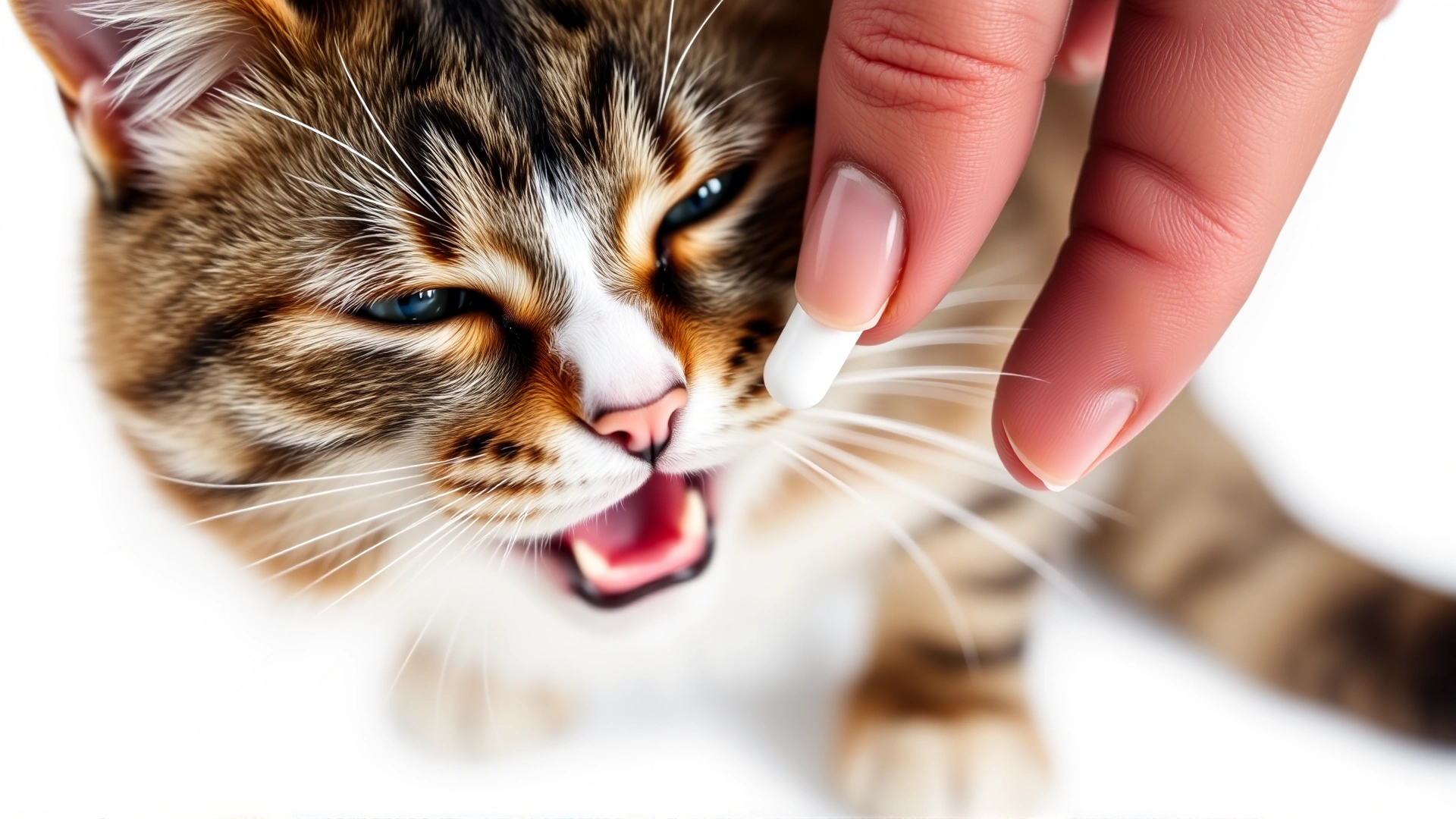 Hand giving a small flavored pill to a cooperative cat, white background, focus on pill and cat’s mouth