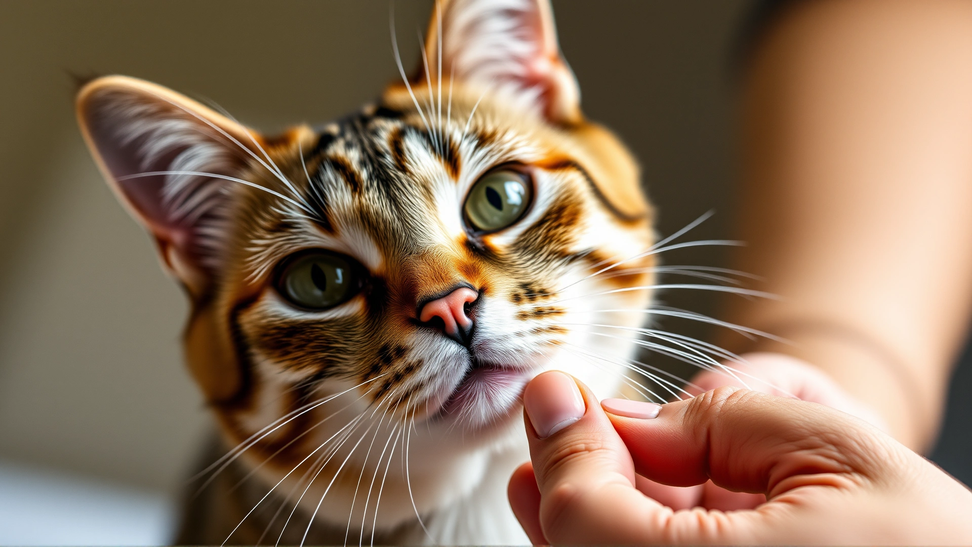 Close shot of hands giving a pill to a cooperative cat, demonstrating medication administration.