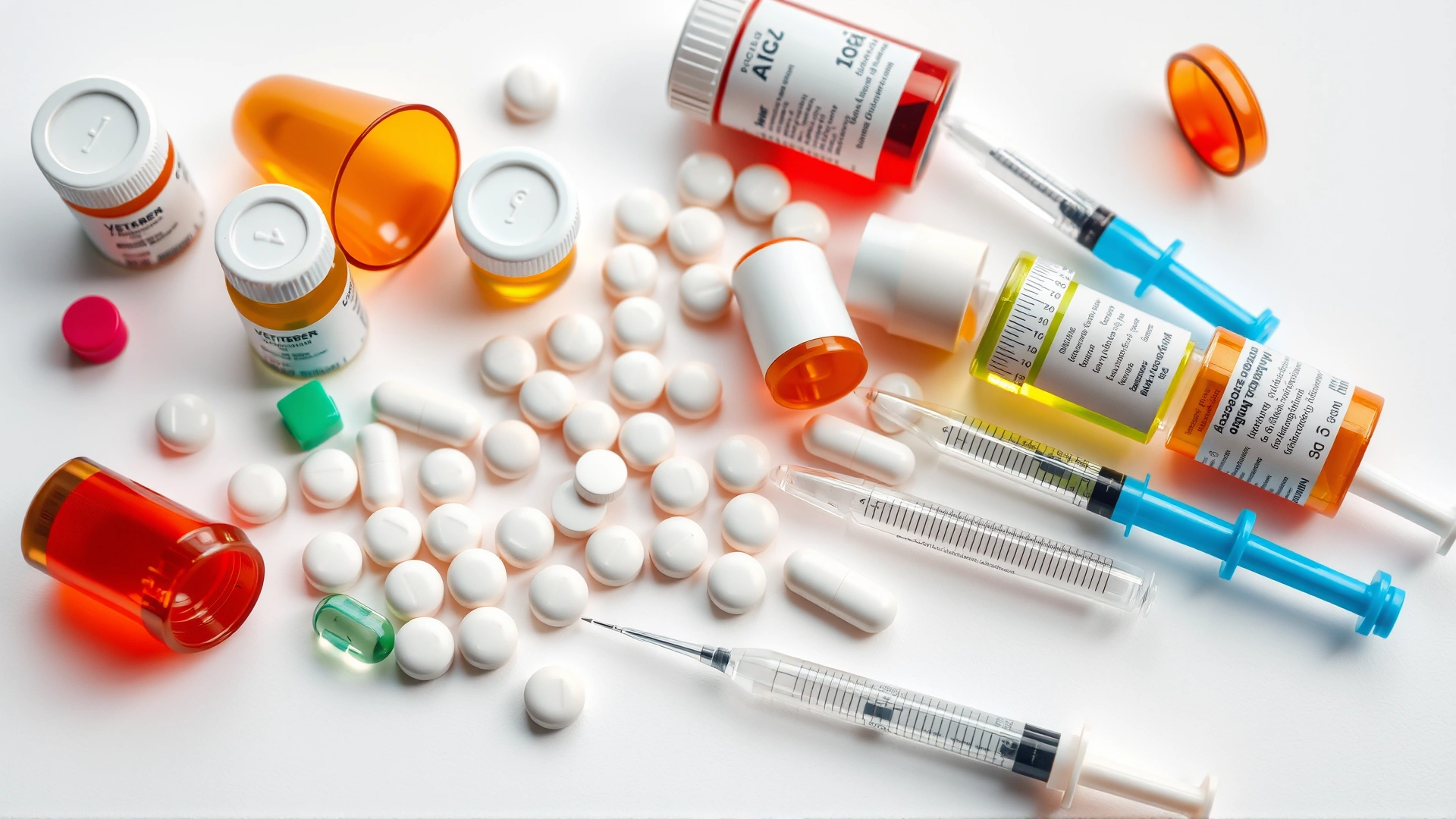 Assortment of veterinary prescription pills, liquid medications, and syringes neatly arranged on a clean white surface
