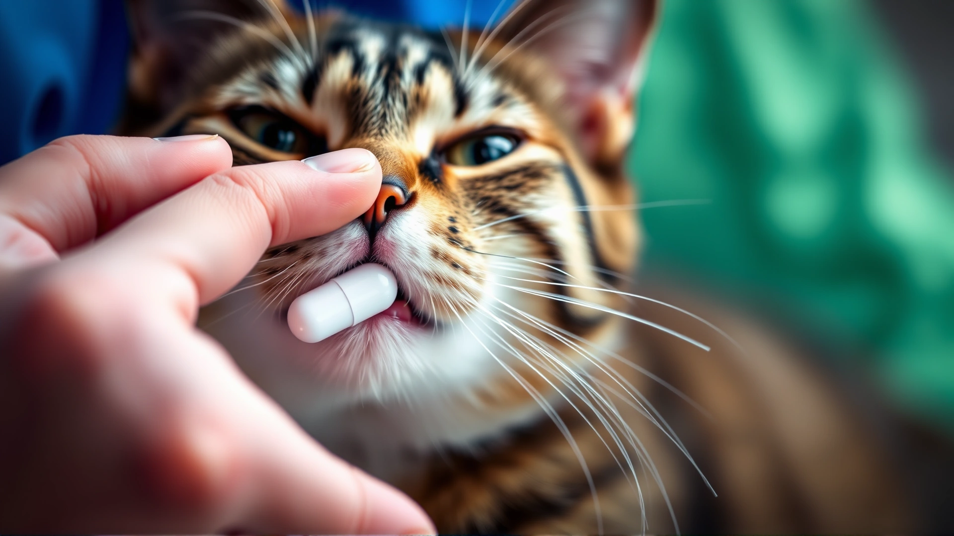 Close-up of a caretaker's hand giving an oral tablet to a cooperative cat, focus on pill and cat's mouth.