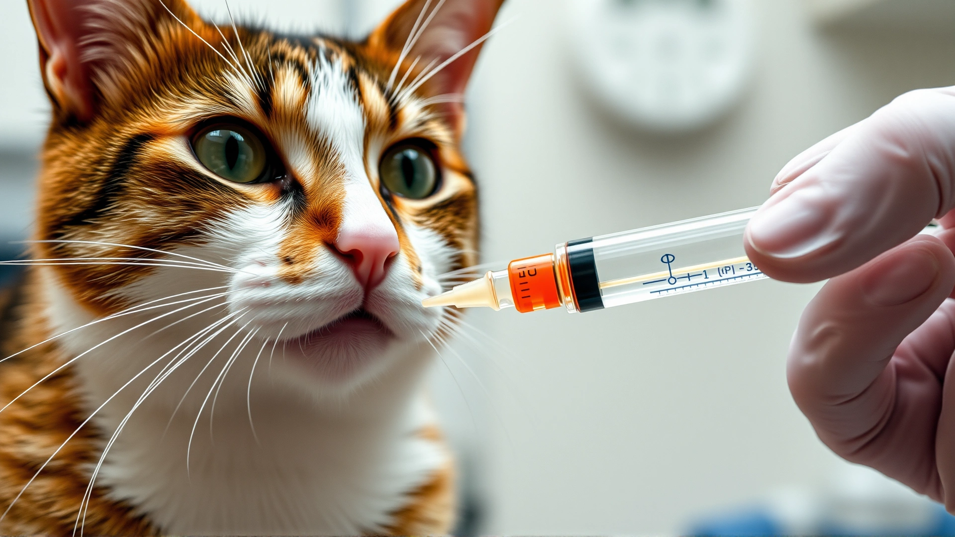 Close-up of a veterinarian’s gloved hand giving oral liquid medication to a cat using a needleless syringe, clinical background.