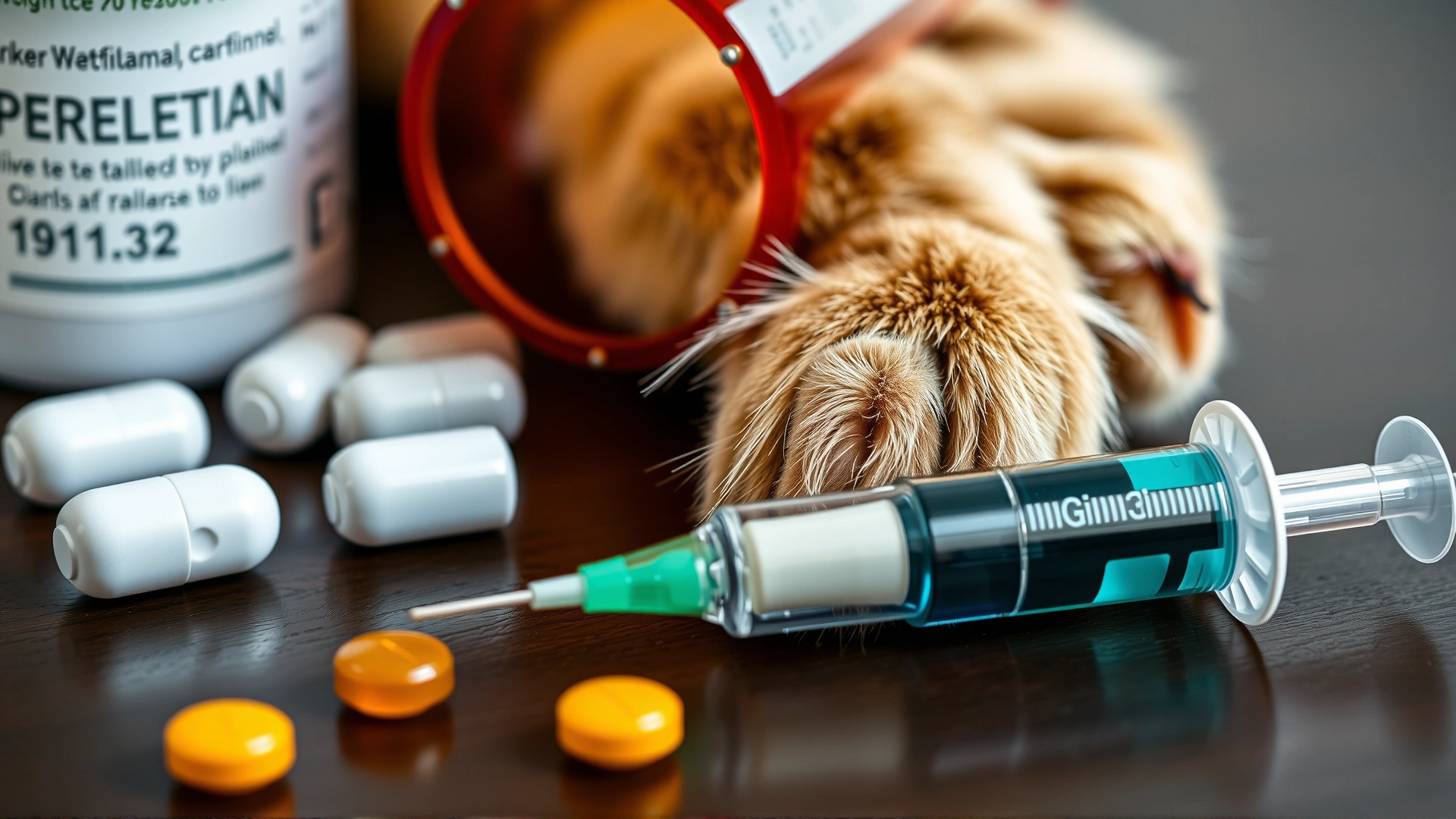 Close-up tabletop photo of veterinary prescription pills, a liquid medicine syringe, and a cat paw gently resting nearby, no text.