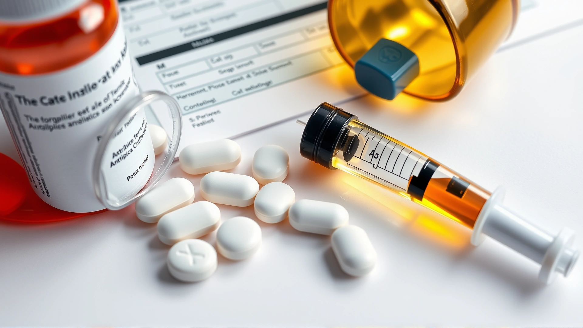 Close-up of veterinary antibiotic pills and a liquid syringe placed next to a cat medical record on a white table.