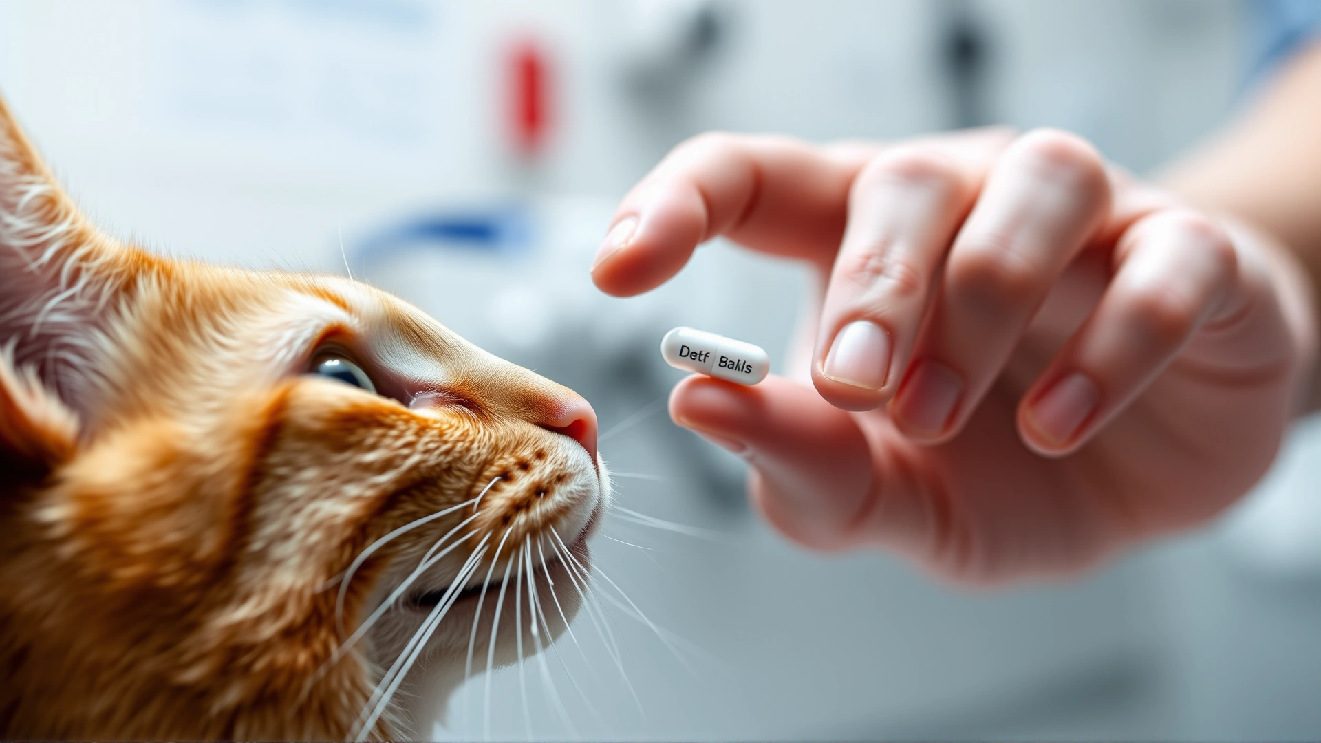 Close-up of a human hand offering a small deworming pill to a calm orange cat, with blurred veterinary clinic background.