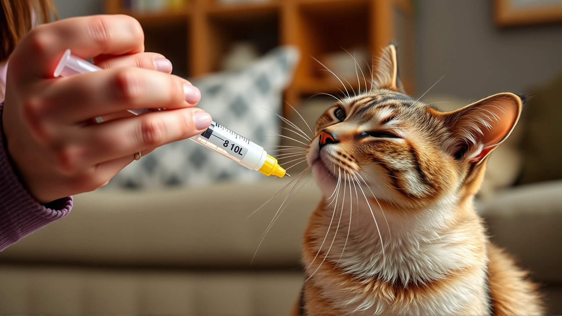 Cat owner administering liquid medicine to a calm cat using an oral syringe in a cozy home setting, no text.