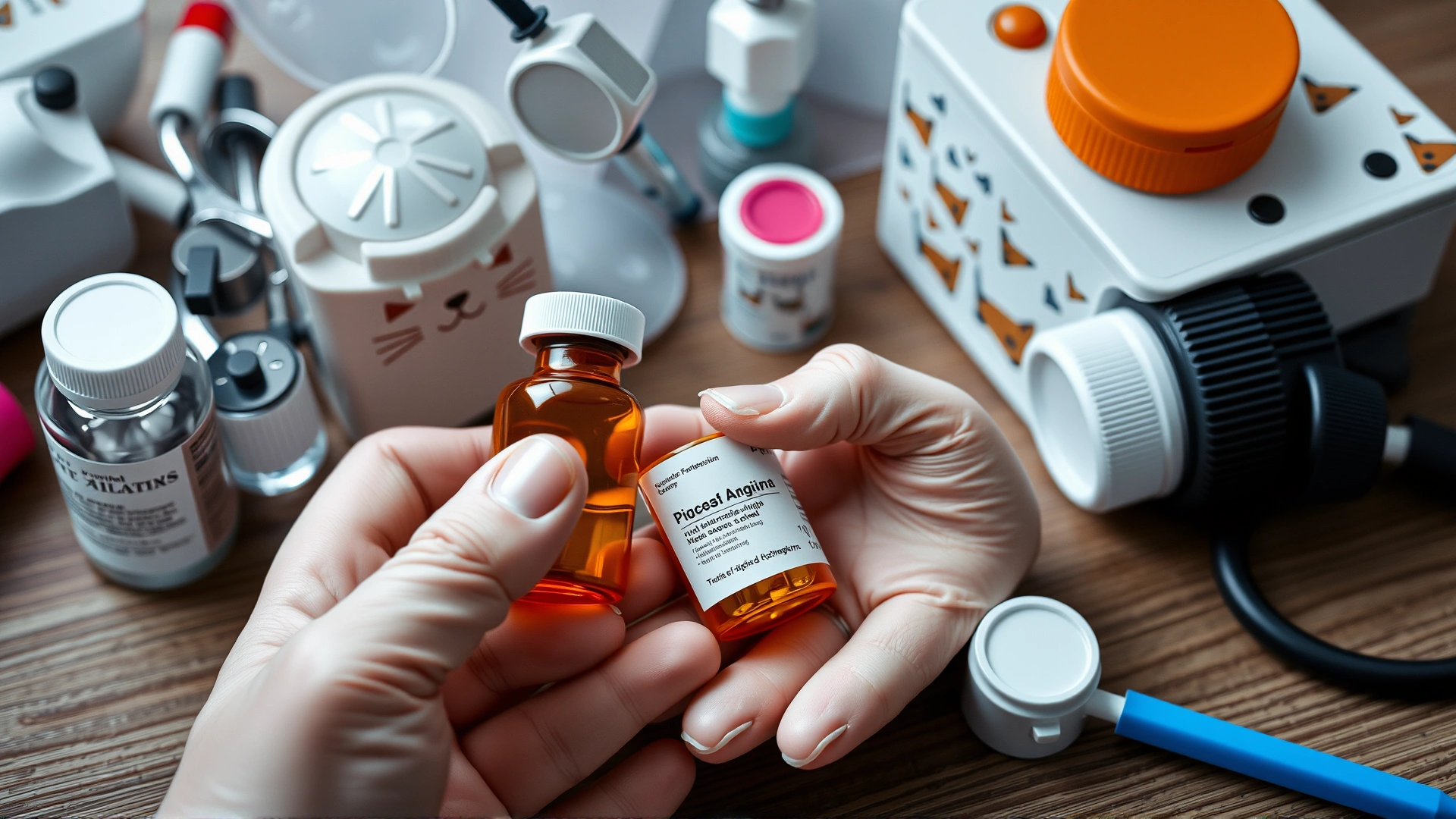Close-up of veterinarian hands holding prescription pill bottle and liquid medication next to cat-themed medical supplies