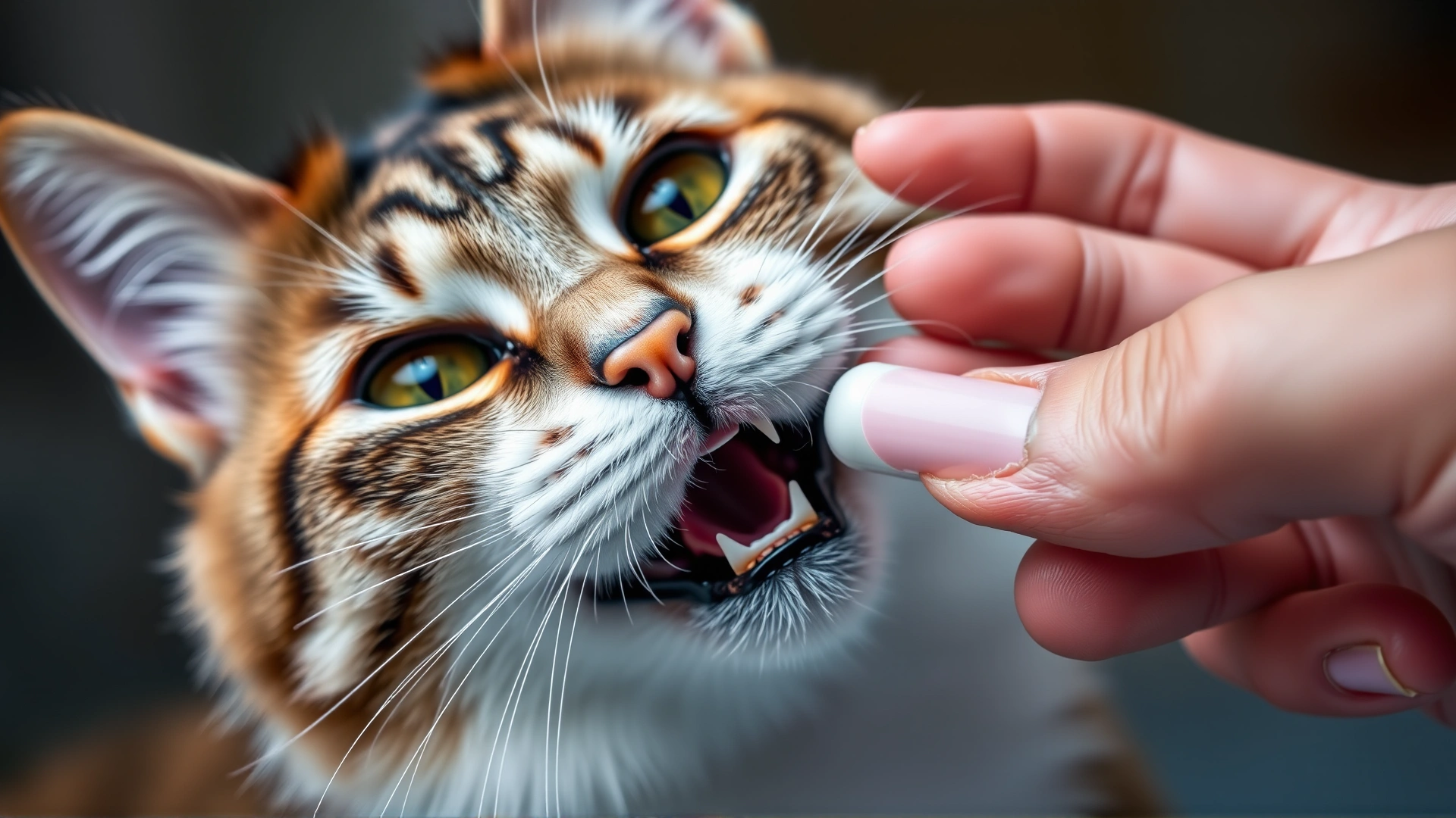 Close-up of a human hand giving an oral pill to a cooperative cat, focus on pill and cat’s mouth, soft lighting, no text