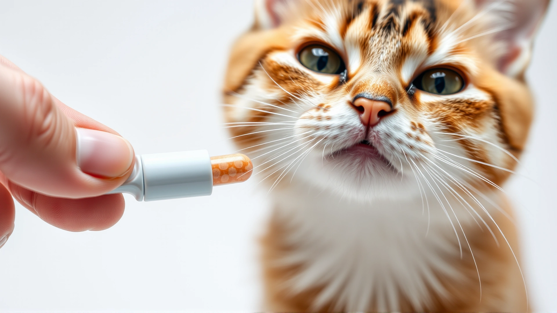 Close-up of a human hand giving a small pill to a cooperative cat with a pill popper tool, white background