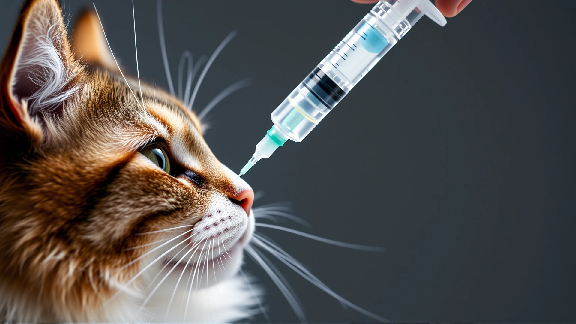 Close-up shot of a veterinarian hand giving liquid medicine via syringe (without needle) to a calm cat.