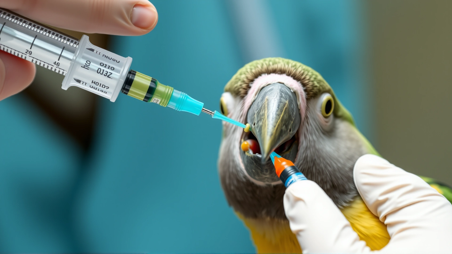 Macro shot of a caregiver administering oral antiviral medication to a parrot using a syringe without needle