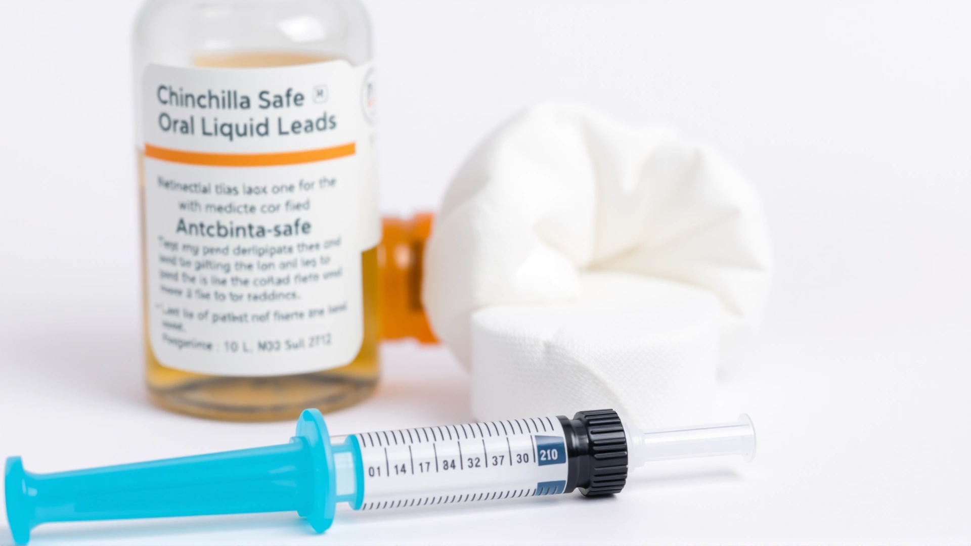 A small syringe filled with antibiotic medication placed next to chinchilla-safe oral liquid bottle and cotton pads, on a white background