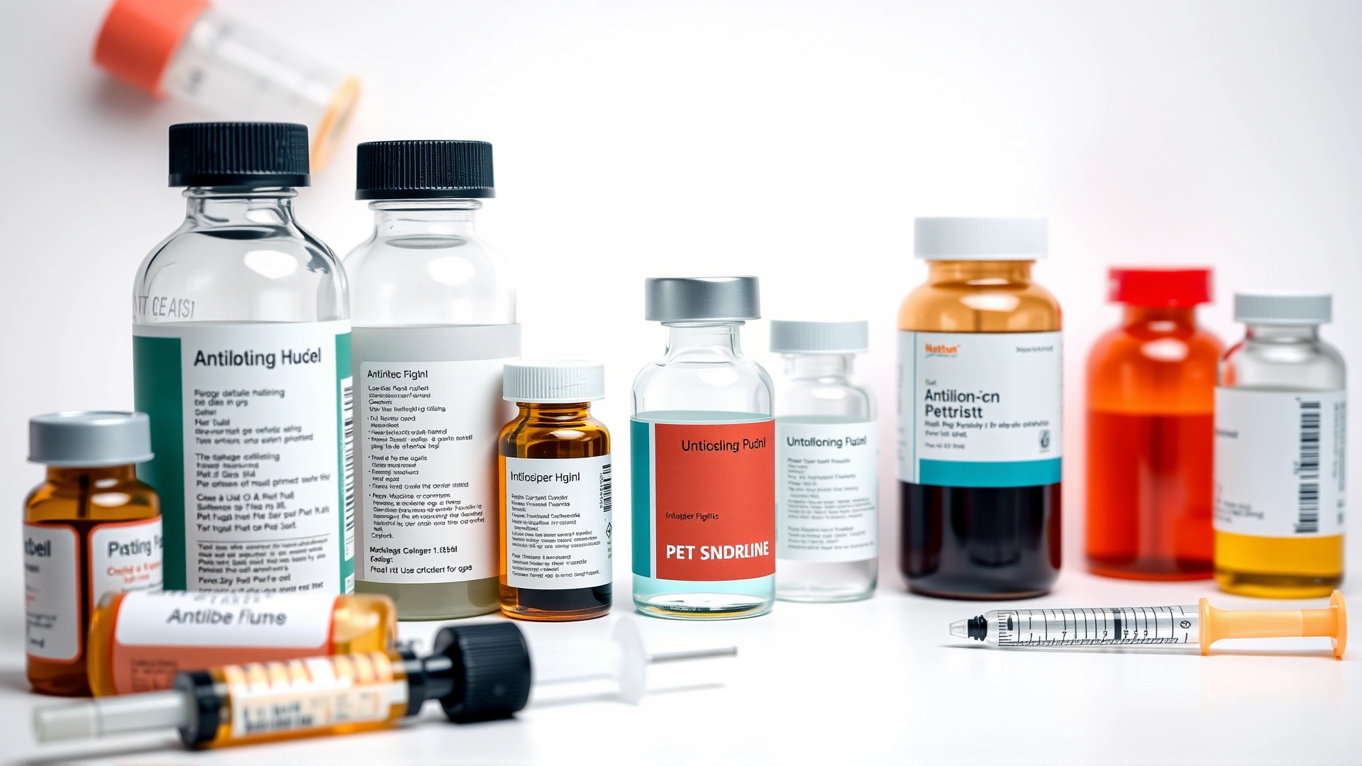 Assorted pet-safe liquid antibiotics, syringes, and medicine bottles neatly arranged on a white background